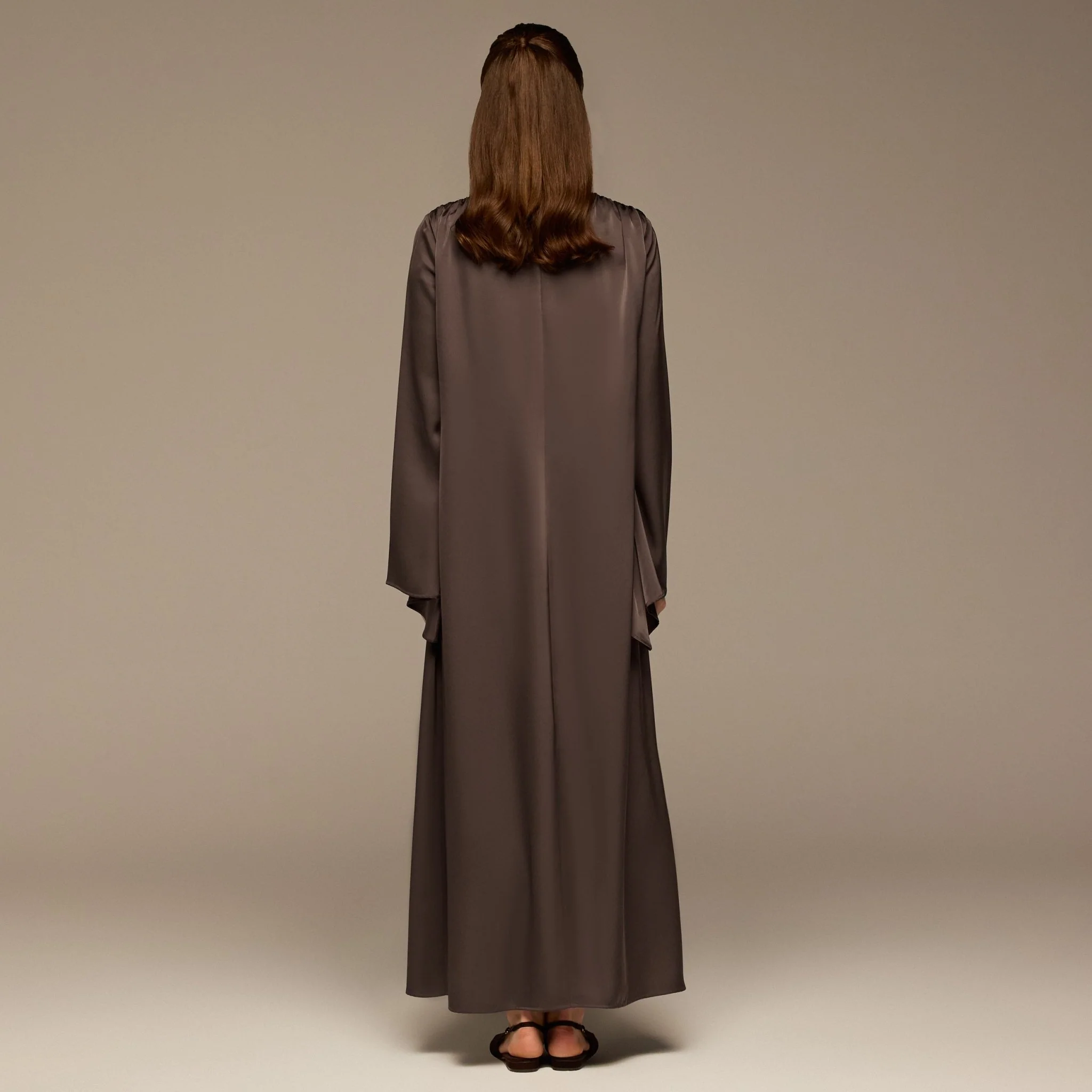 Dark Brown V-Neck Flared Sleeve Satin Kaftan - Image 4