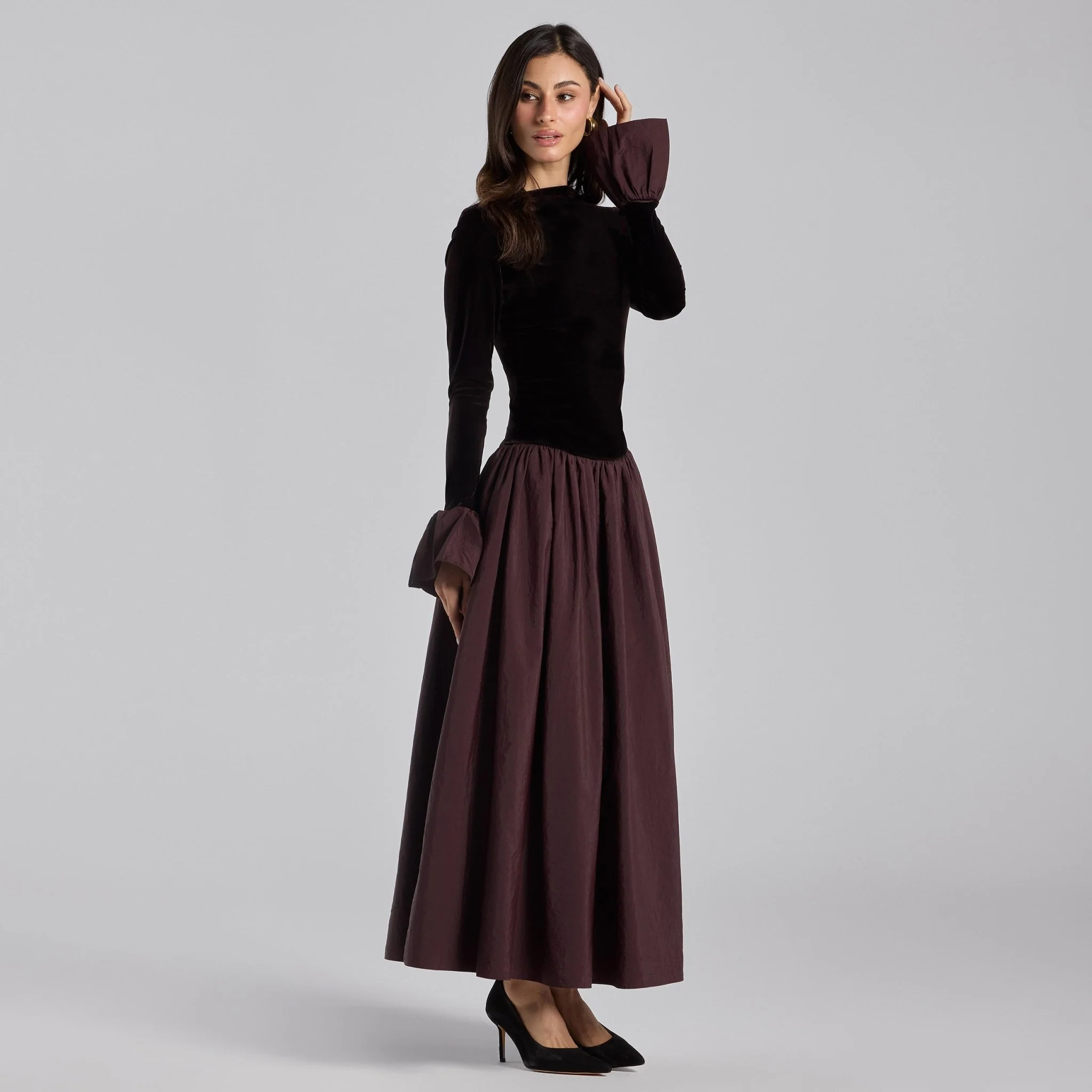 Dark Brown Velvet and Taffeta Maxi Dress with Ruffled Hem - Image 2