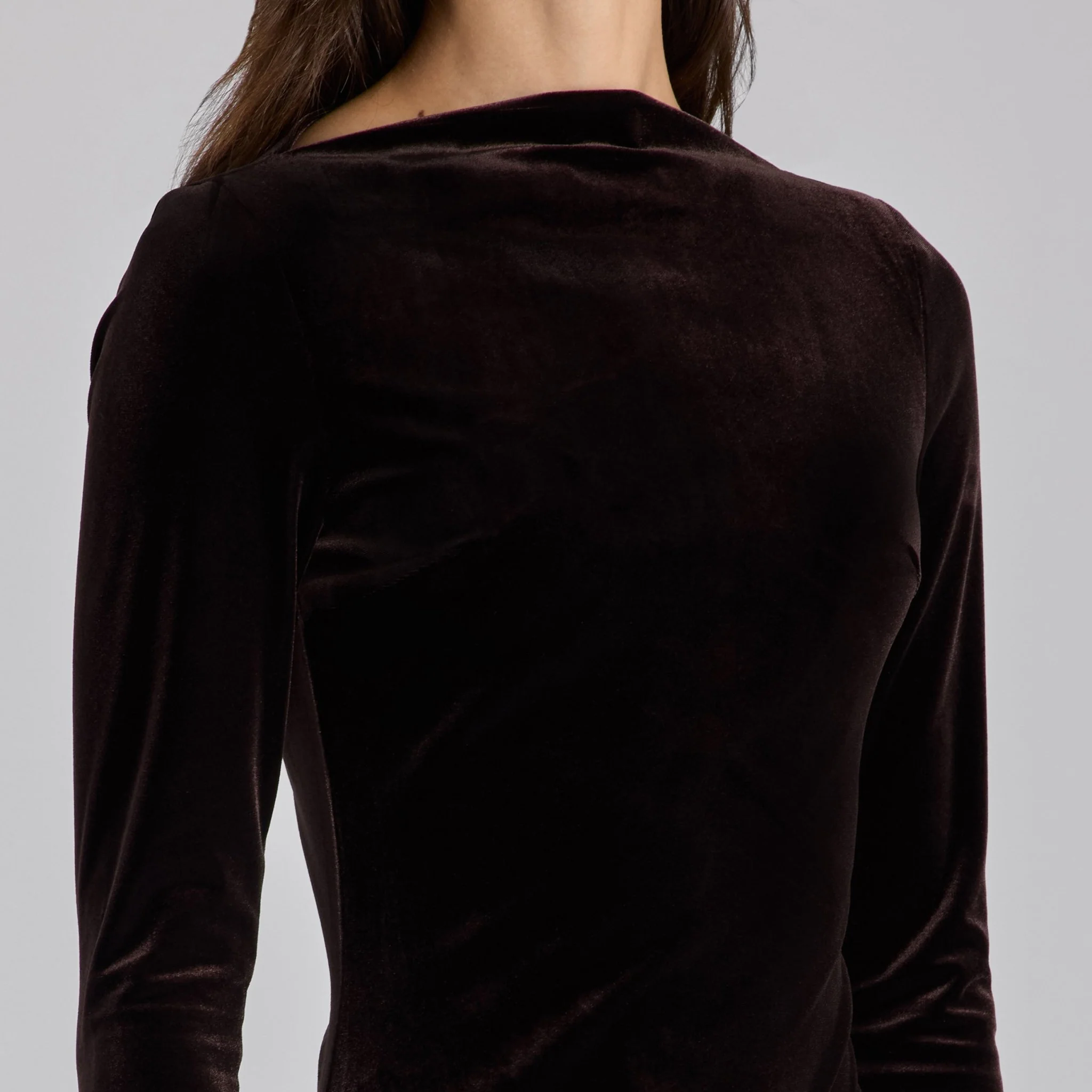 Dark Brown Velvet and Taffeta Maxi Dress with Ruffled Hem - Image 3