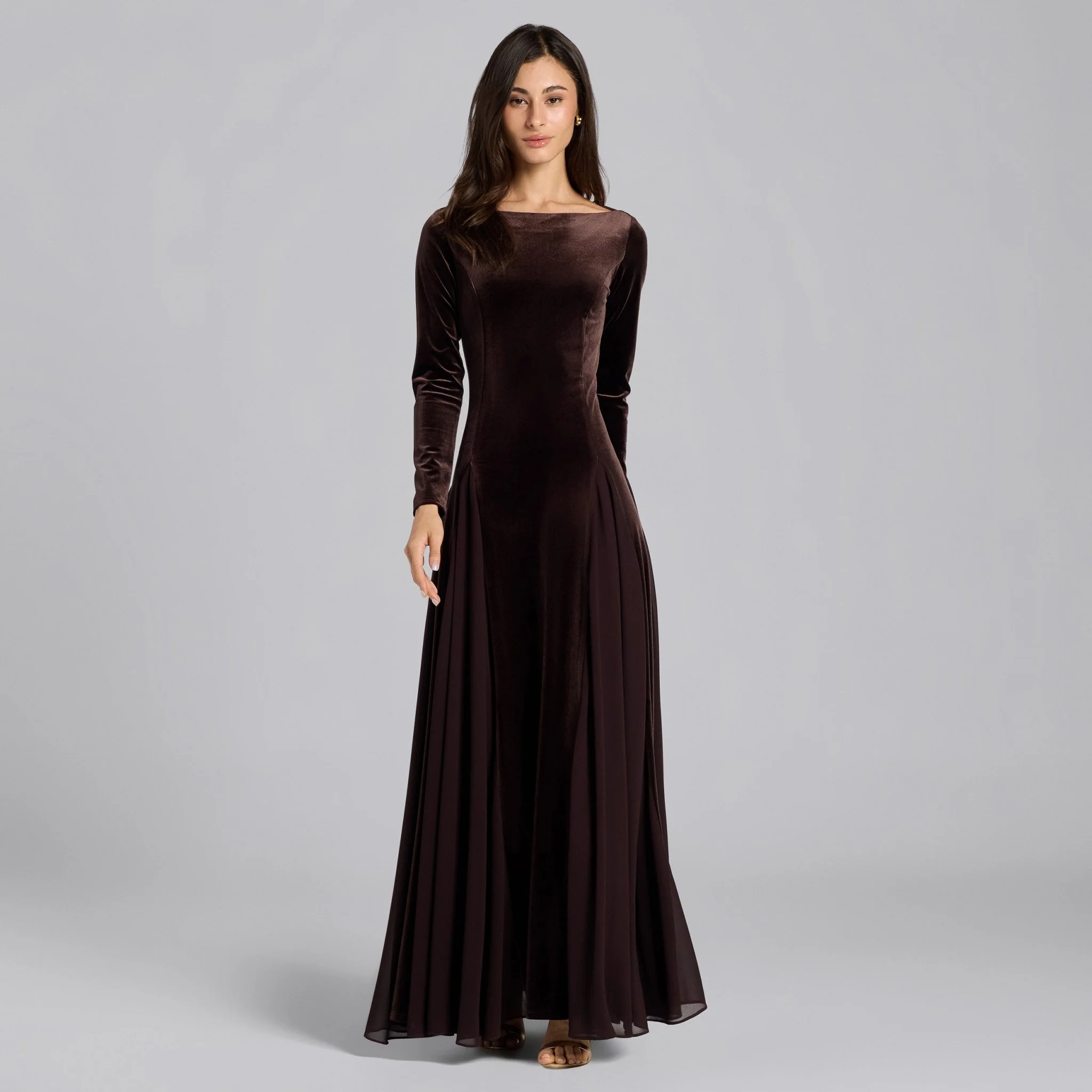 Dark Brown Velvet Maxi Dress with Chiffon Godets