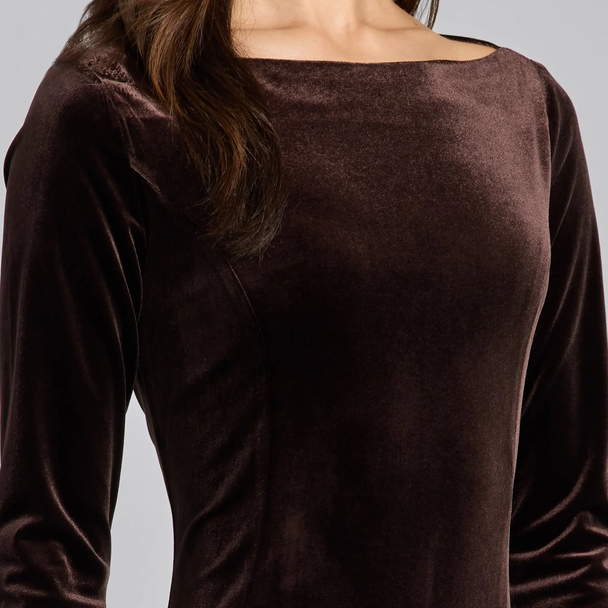 Dark Brown Velvet Maxi Dress with Chiffon Godets - Image 3
