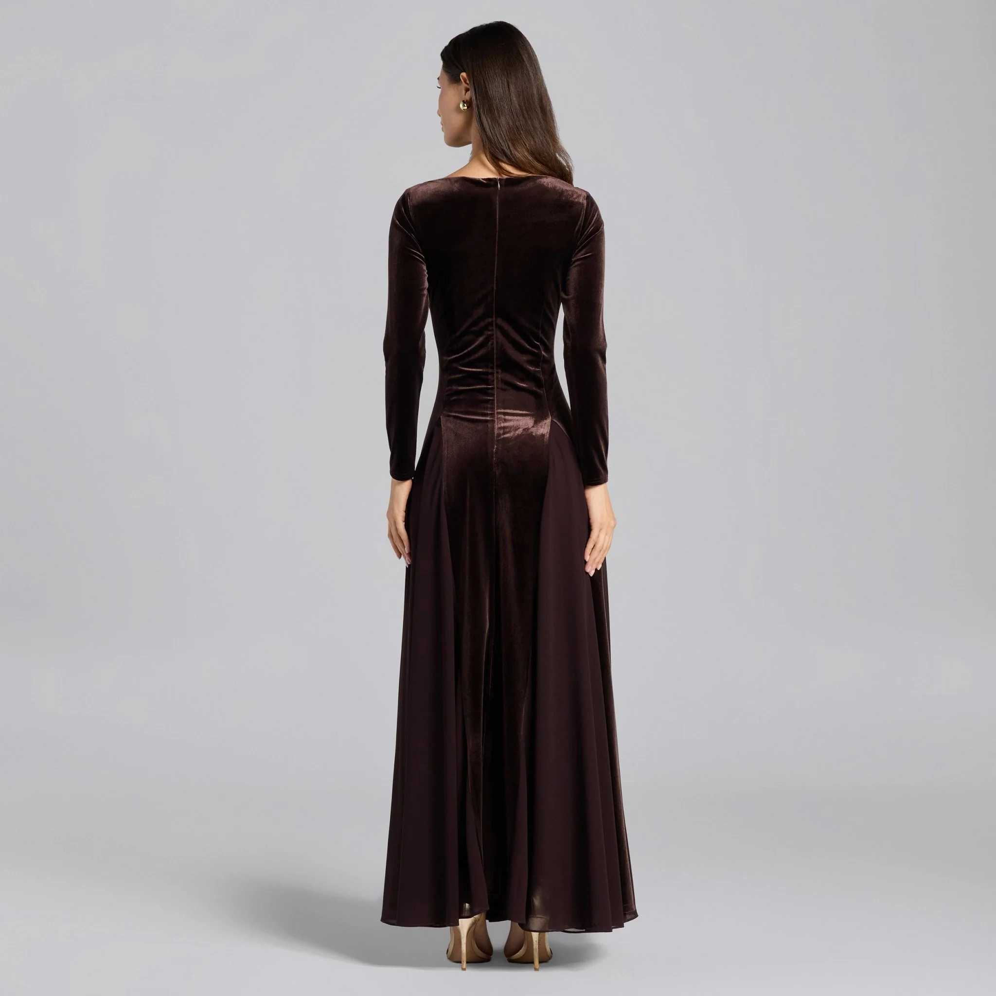 Dark Brown Velvet Maxi Dress with Chiffon Godets - Image 4