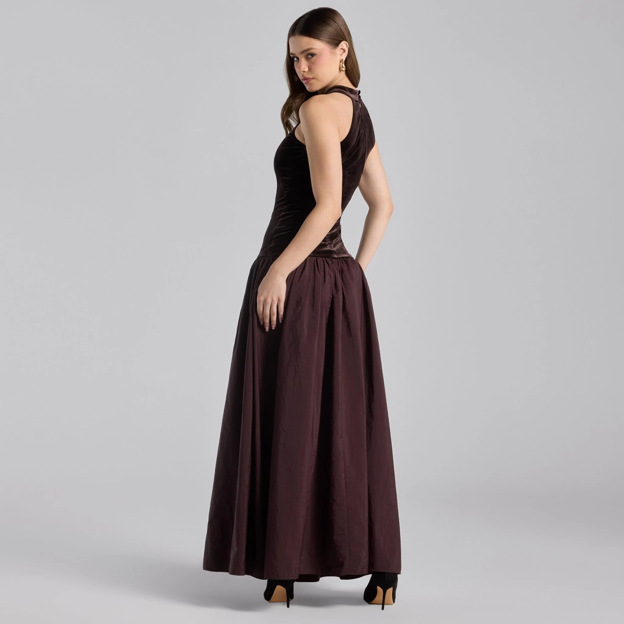 Dark Brown Velvet-Taffeta Halter Dress - Image 5