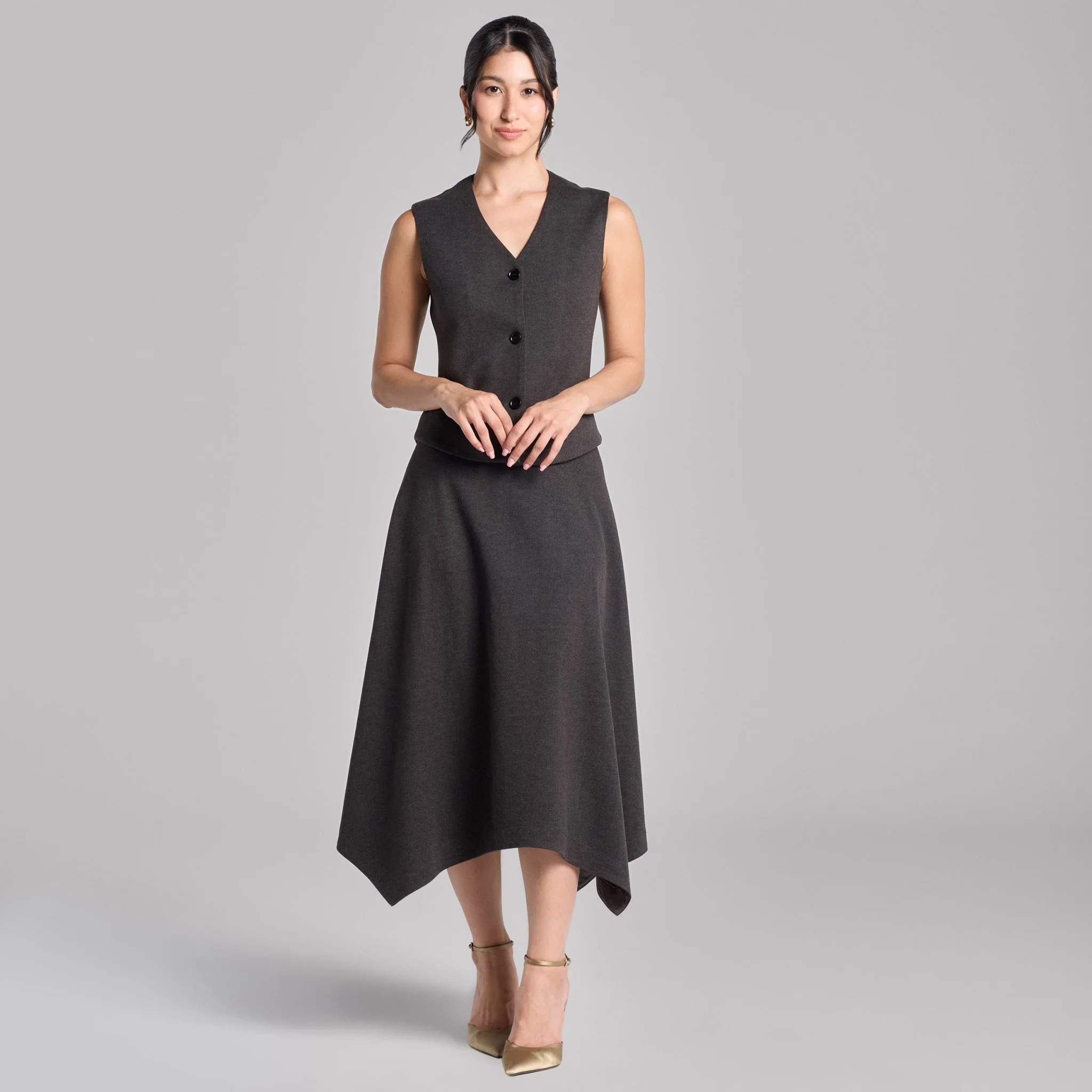 Dark Gray Button-Front Twill Top & Midi Skirt Set