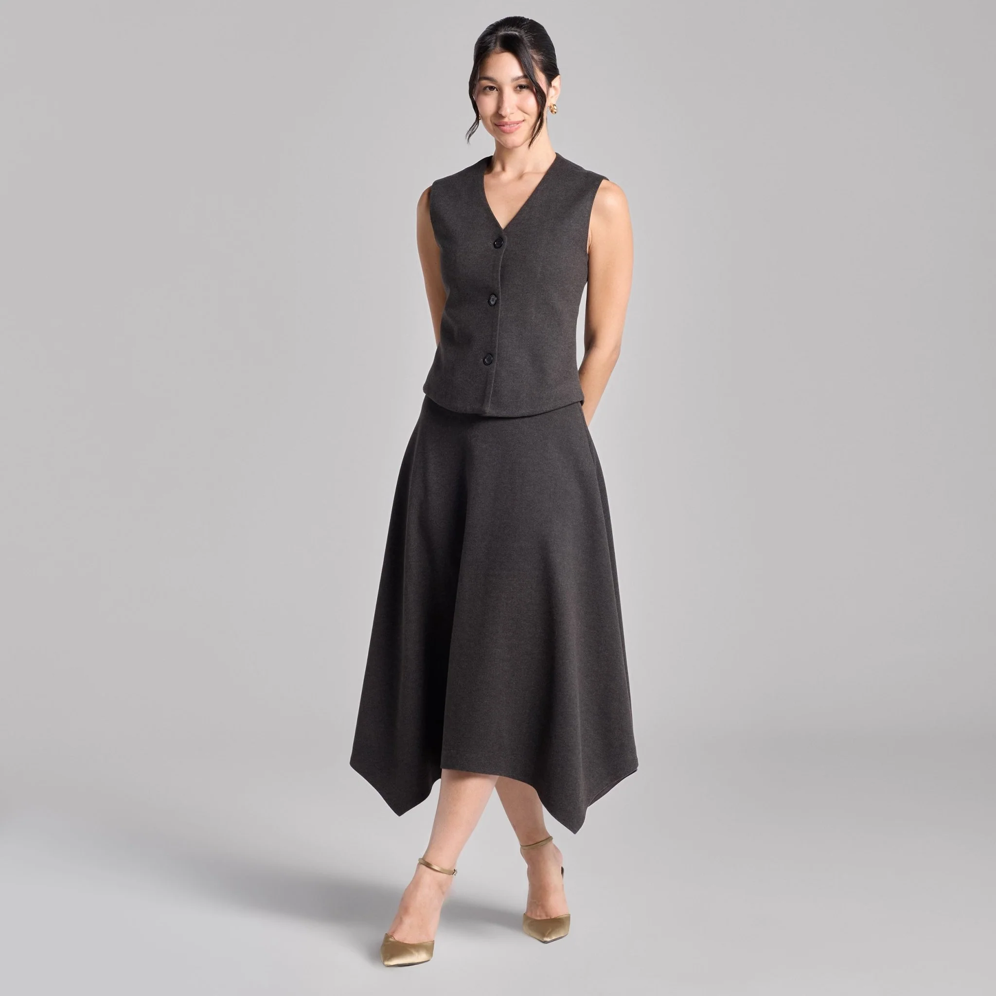 Dark Gray Button-Front Twill Top & Midi Skirt Set - Image 2