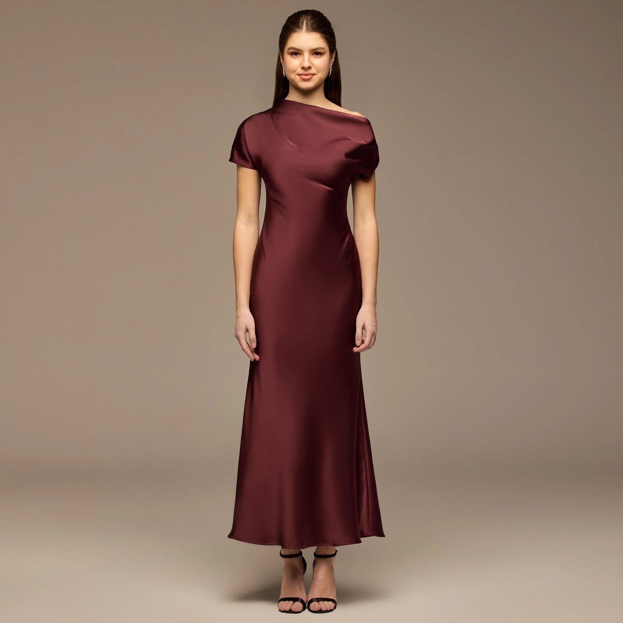Dark Plum Draped Neckline Satin Maxi Dress