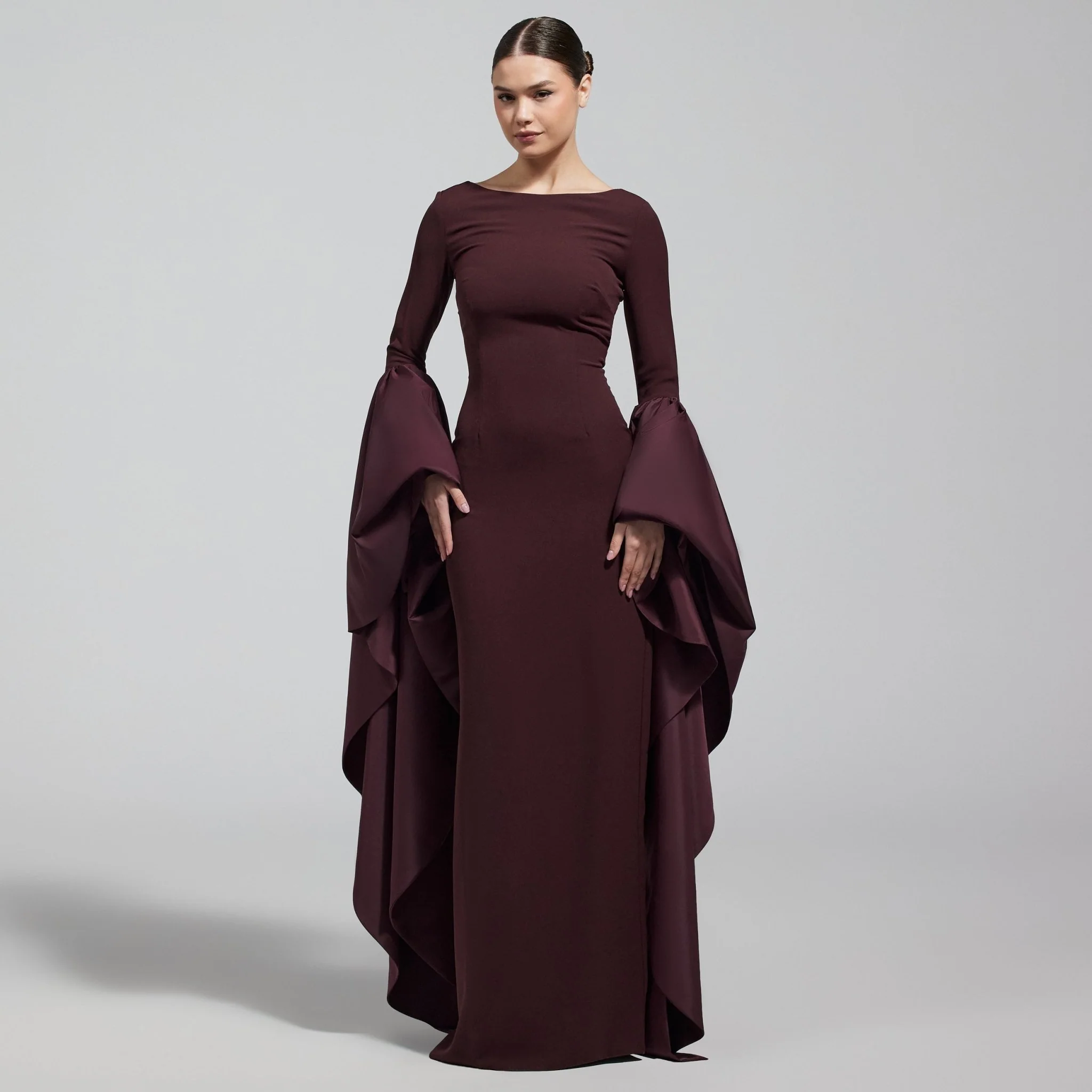 Dark Plum Fitted Gown With Extra Long Sleeves