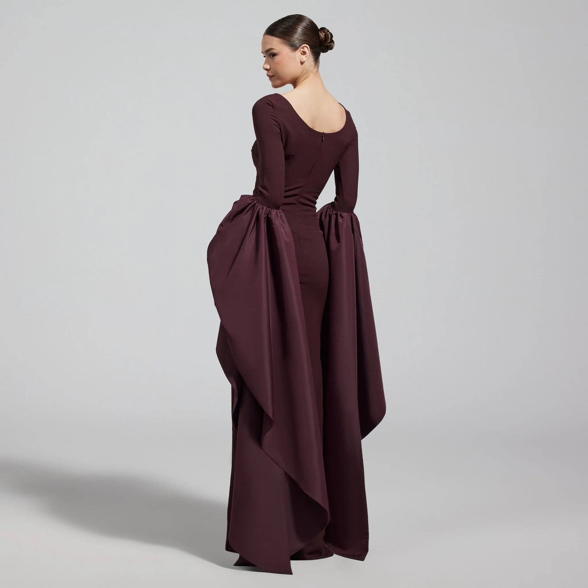Dark Plum Fitted Gown With Extra Long Sleeves - Image 4
