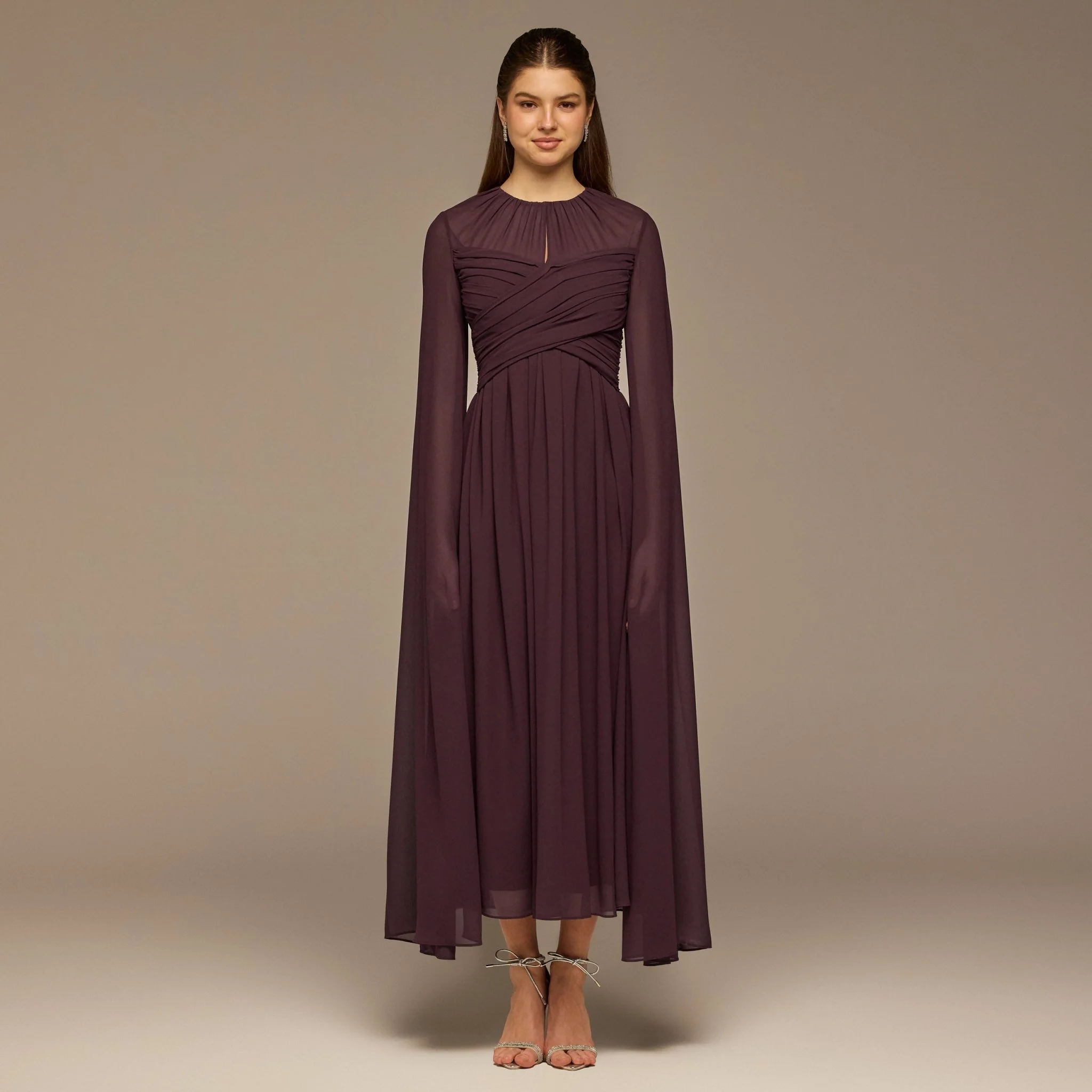 Dark Purple Round Gathered-Neck Chiffon Maxi Dress