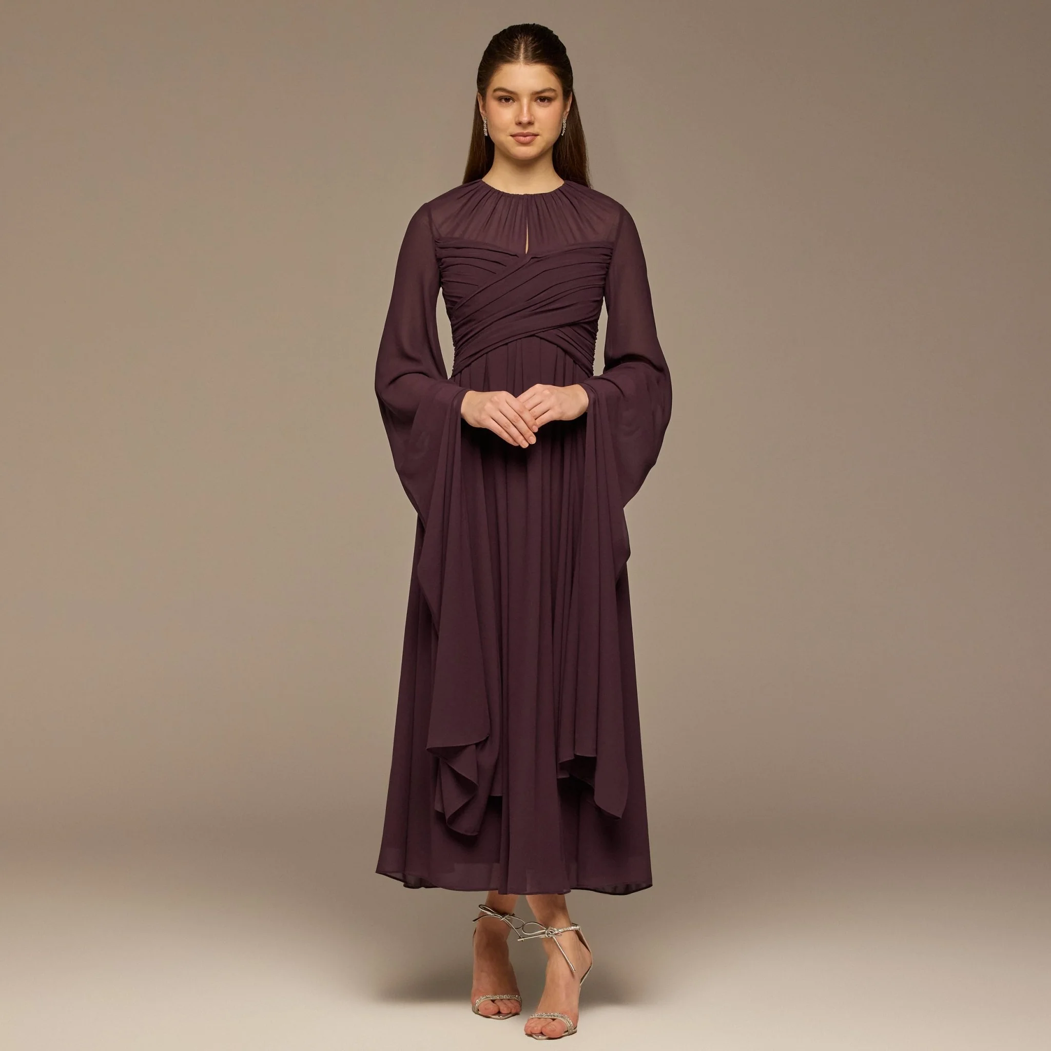 Dark Purple Round Gathered-Neck Chiffon Maxi Dress - Image 2