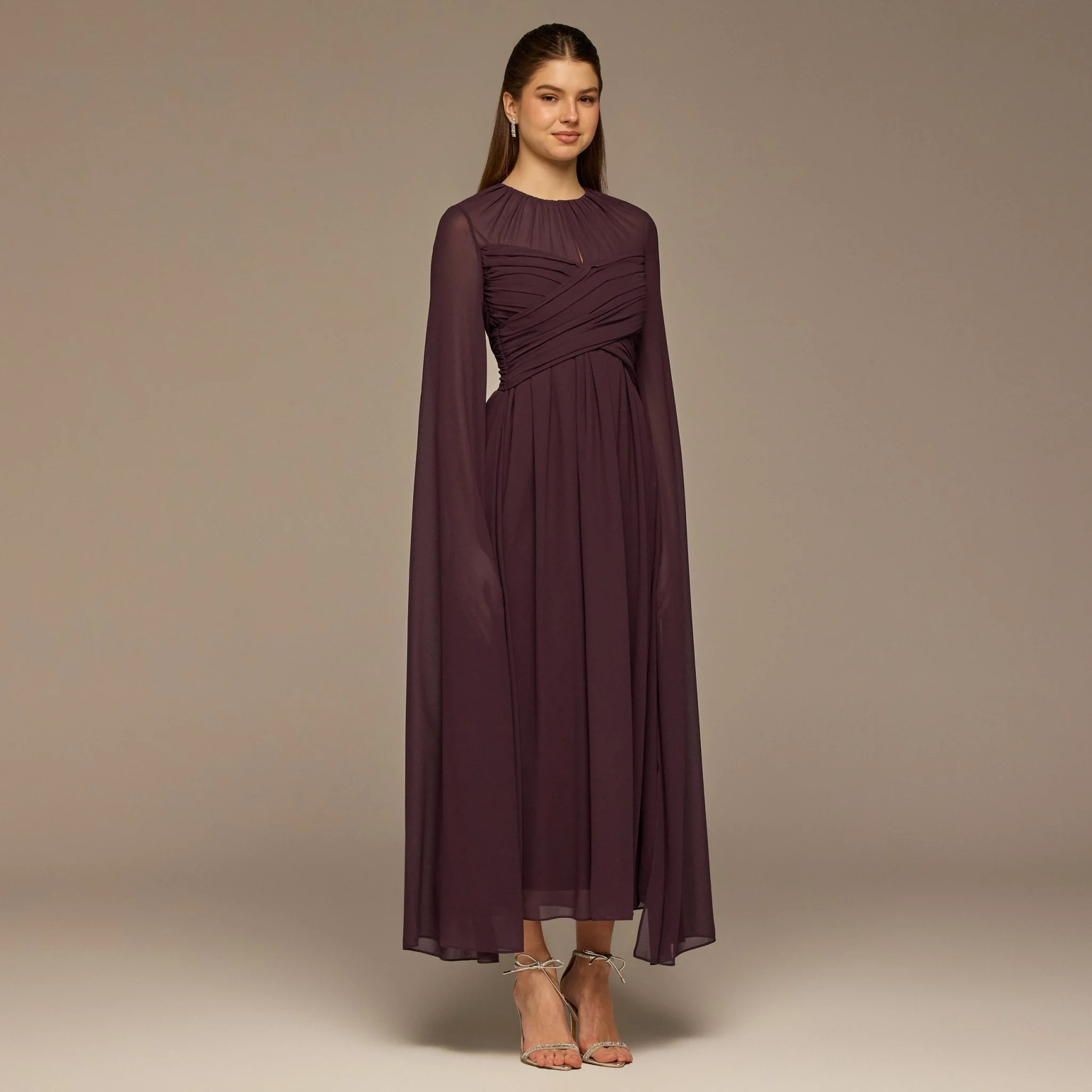 Dark Purple Round Gathered-Neck Chiffon Maxi Dress - Image 3