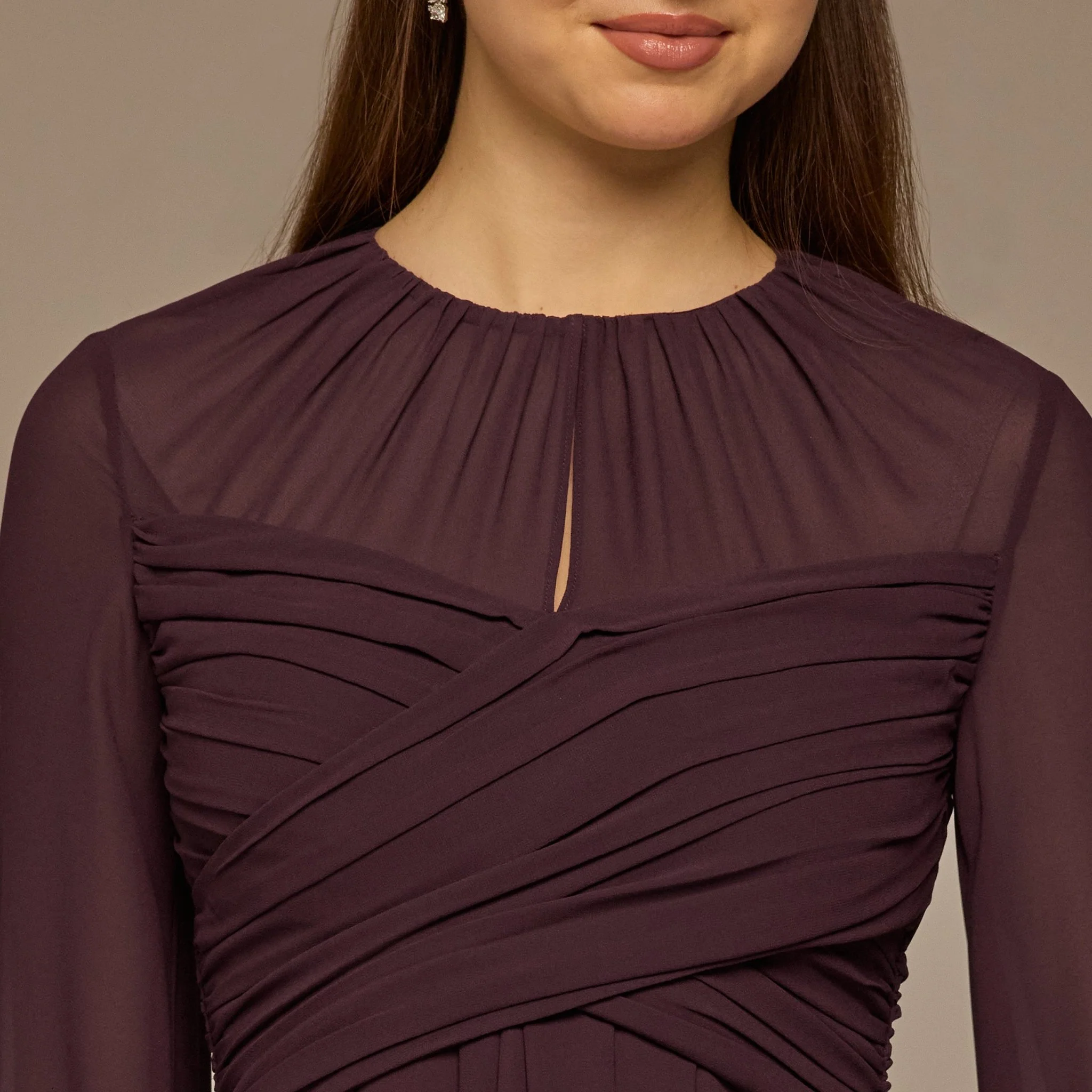 Dark Purple Round Gathered-Neck Chiffon Maxi Dress - Image 4