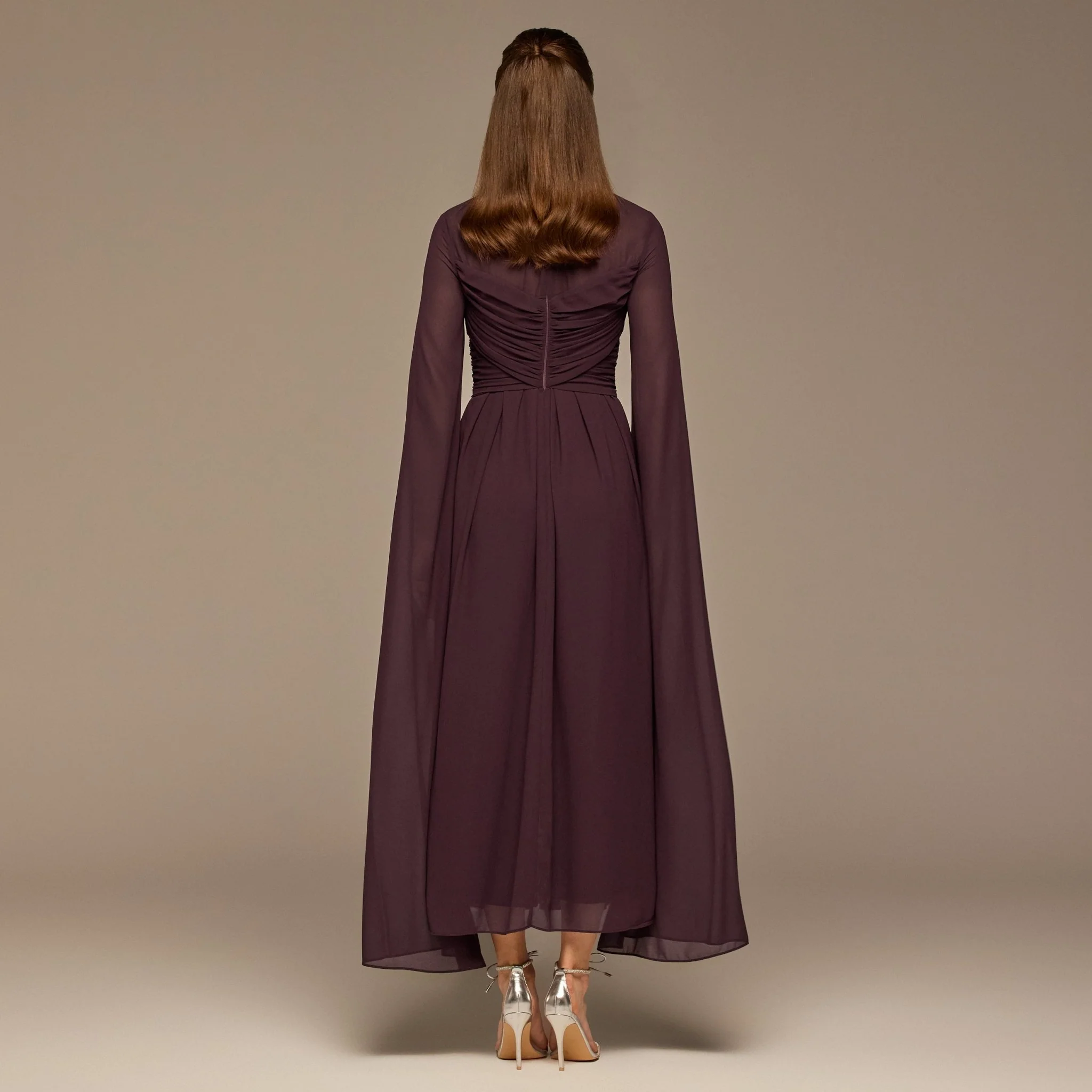 Dark Purple Round Gathered-Neck Chiffon Maxi Dress - Image 5
