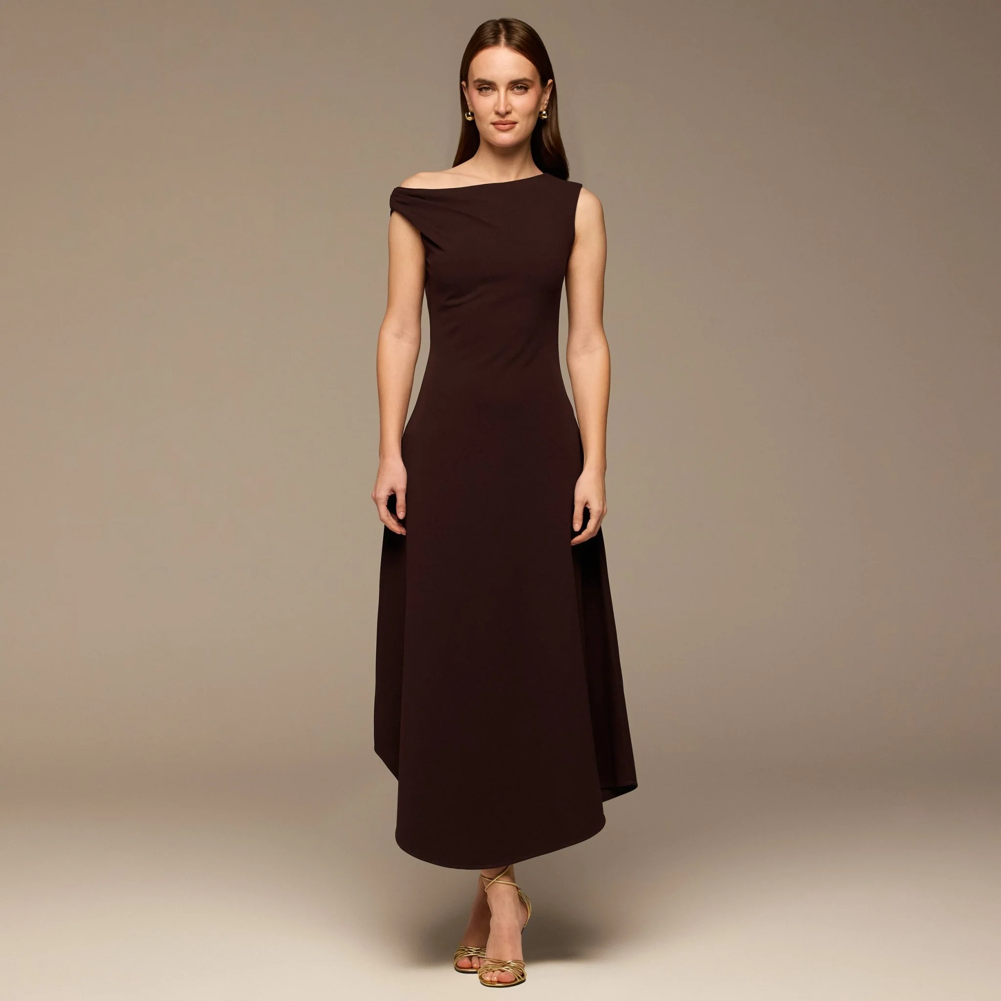 Dark Purple Draped A-Line Crepe Midi Dress