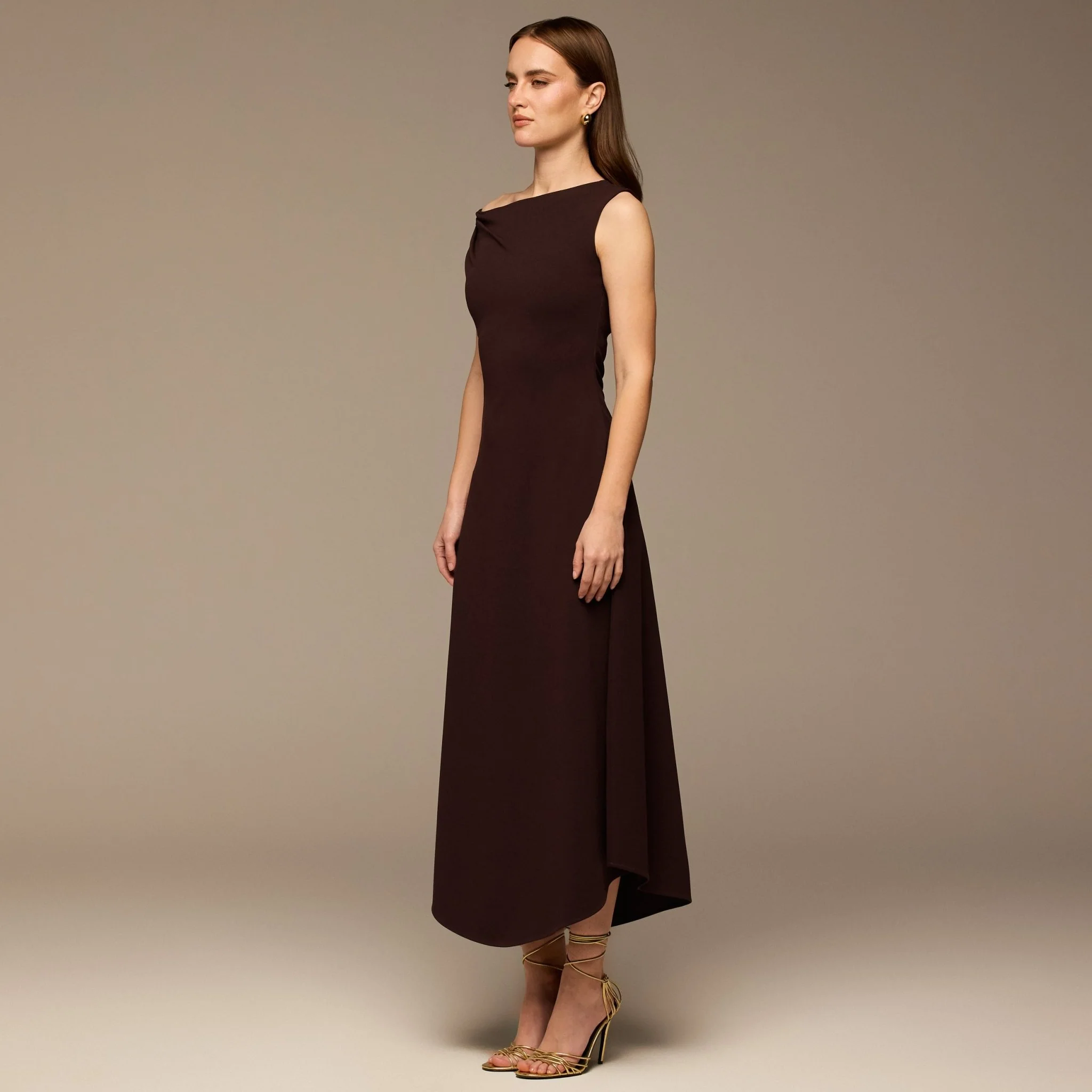 Dark Purple Draped A-Line Crepe Midi Dress - Image 2