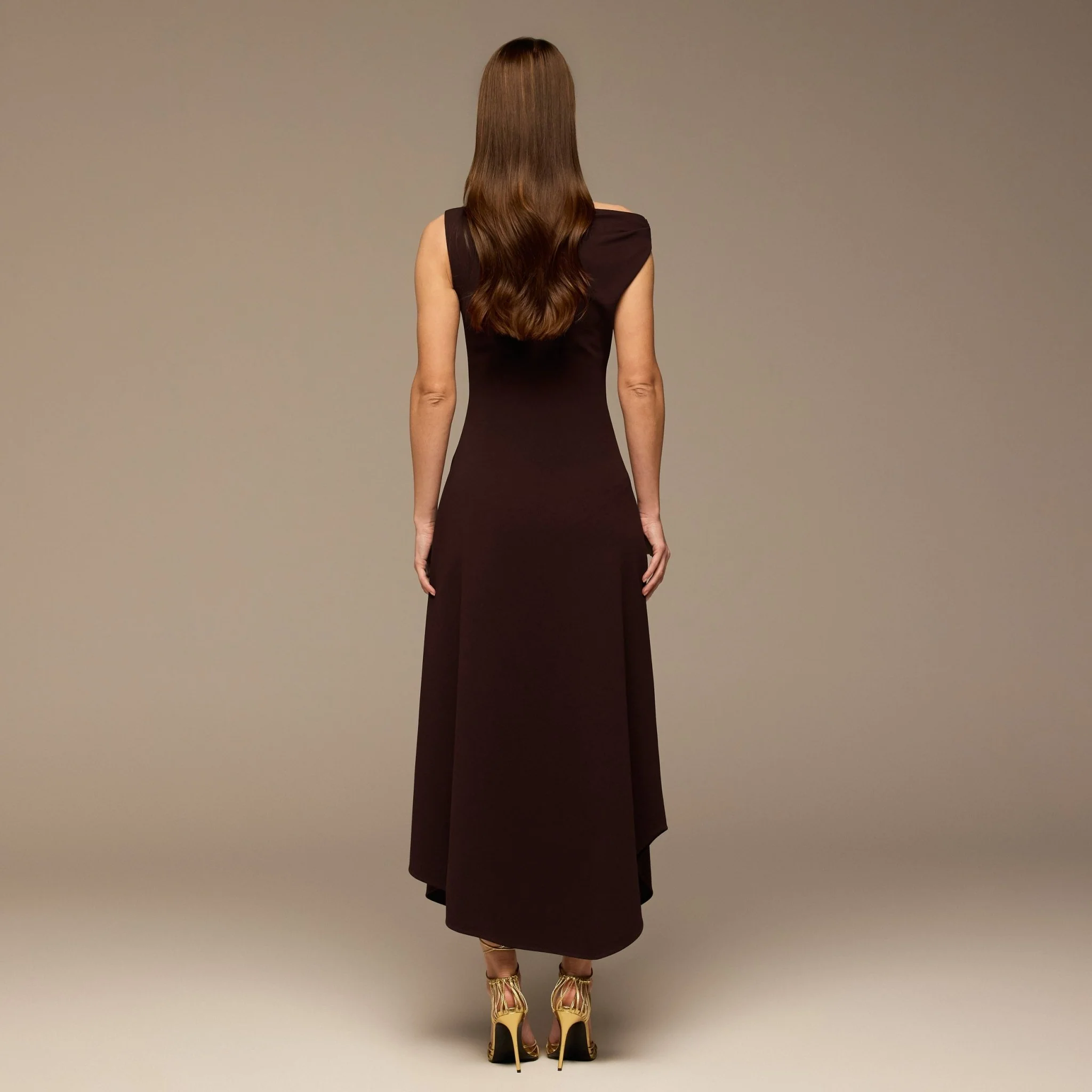 Dark Purple Draped A-Line Crepe Midi Dress - Image 4