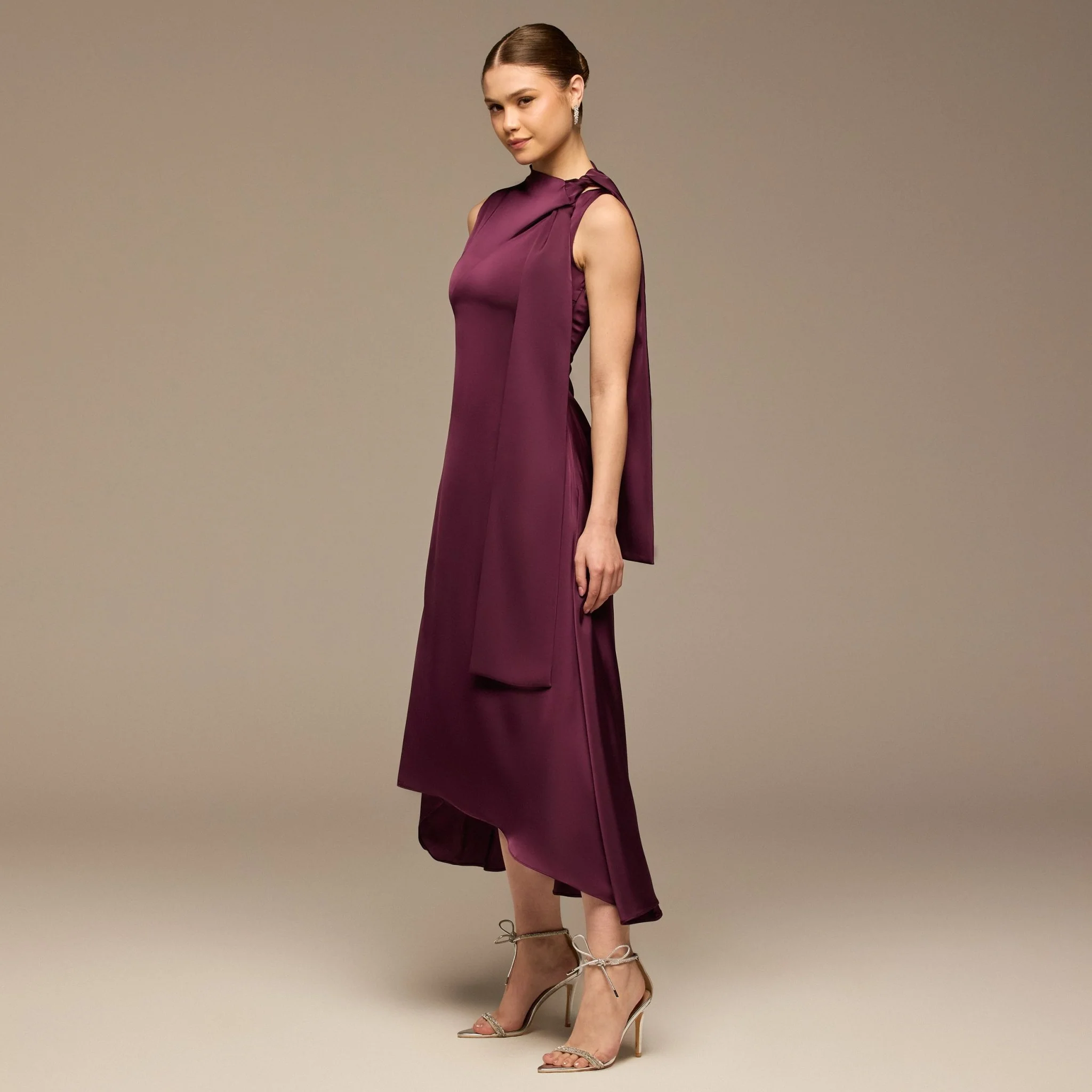Dark Purple Side-Tie Satin Midi Dress - Image 2