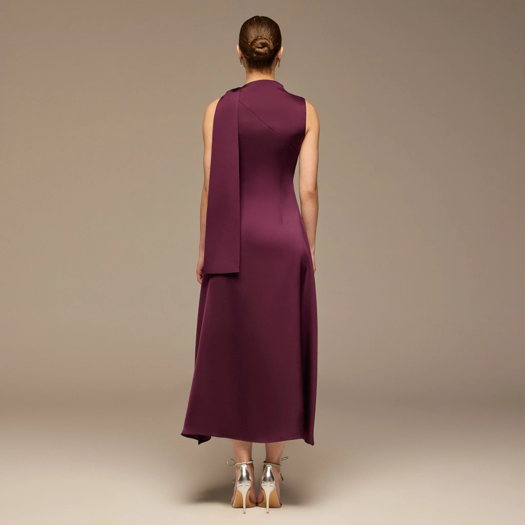Dark Purple Side-Tie Satin Midi Dress - Image 4