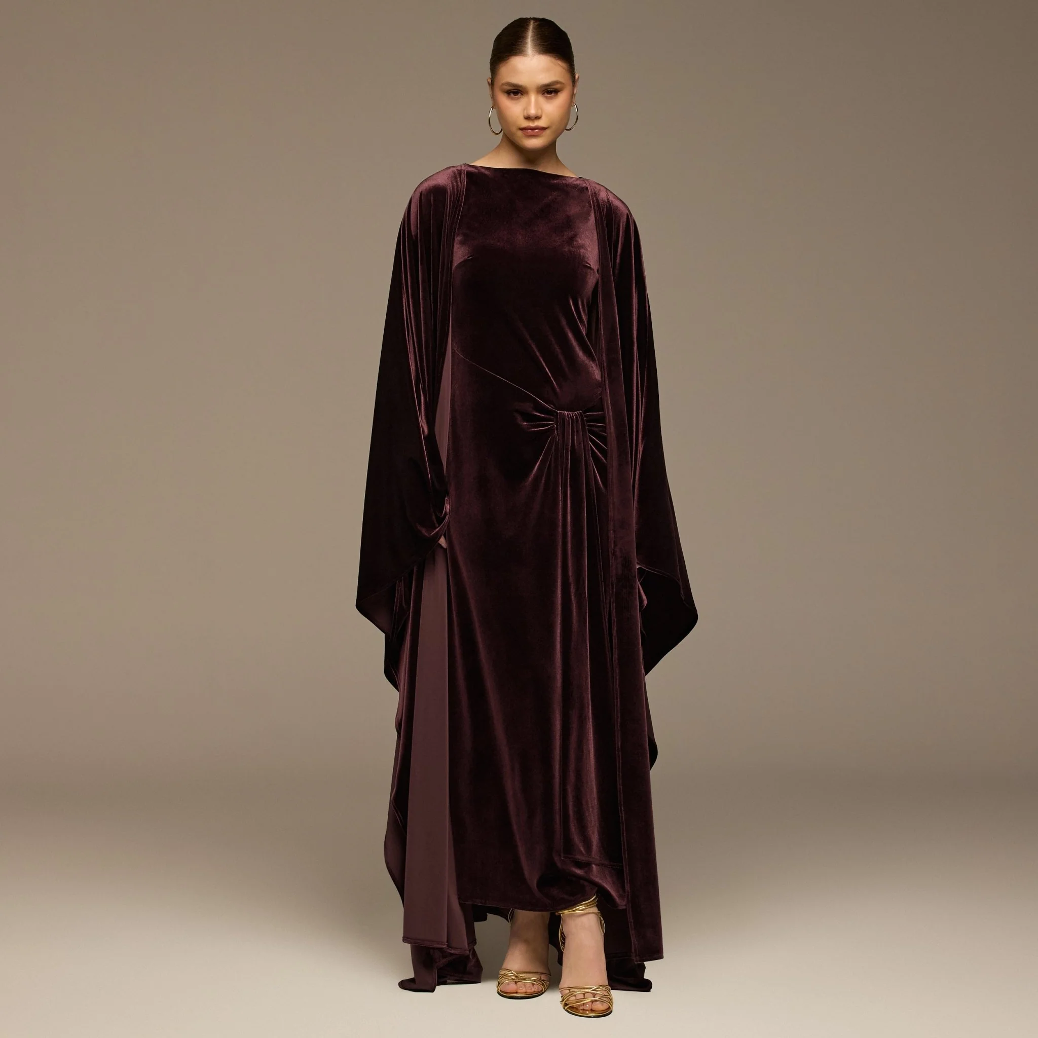 Burgundy Velvet Dress & Draped Cape Set