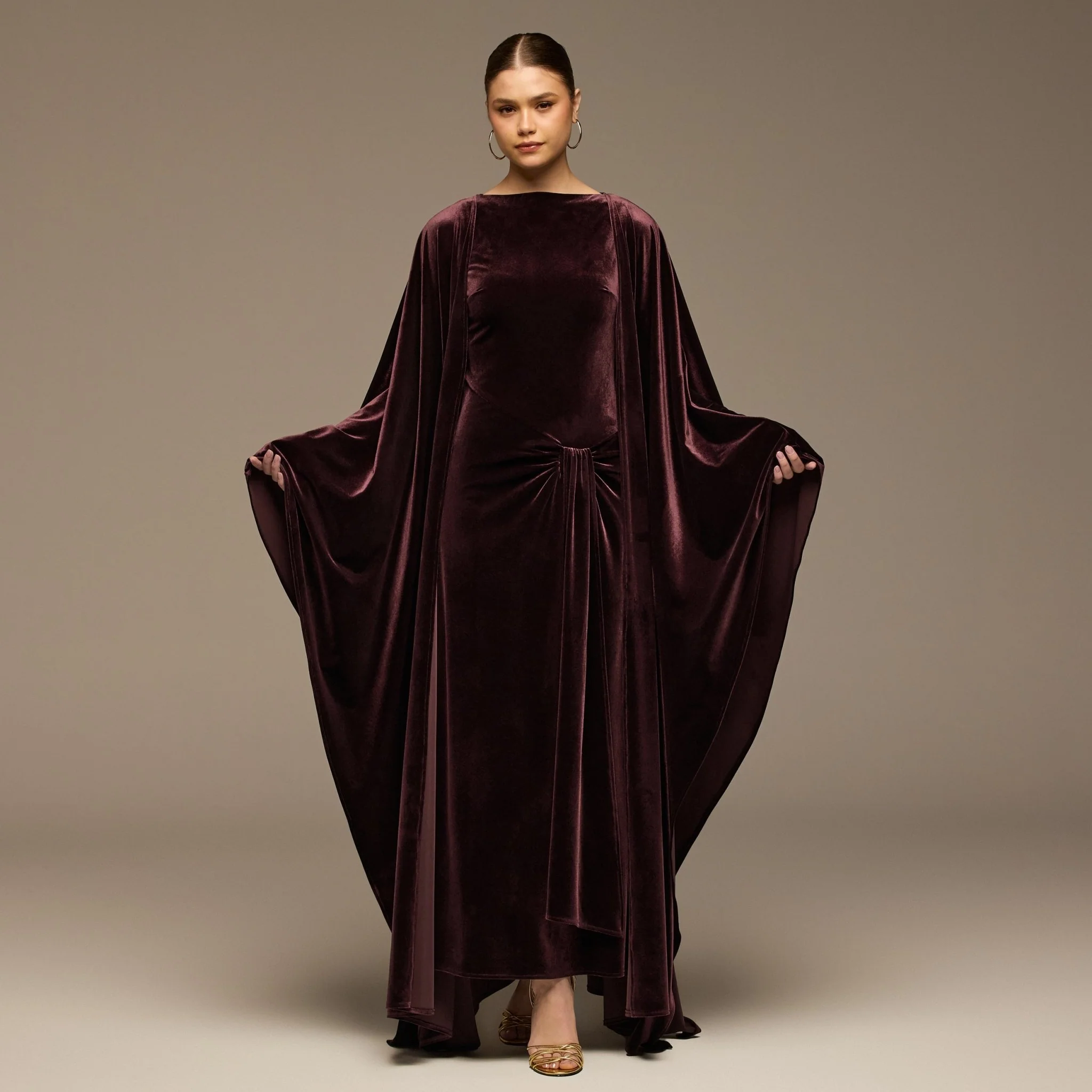 Burgundy Velvet Dress & Draped Cape Set - Image 2