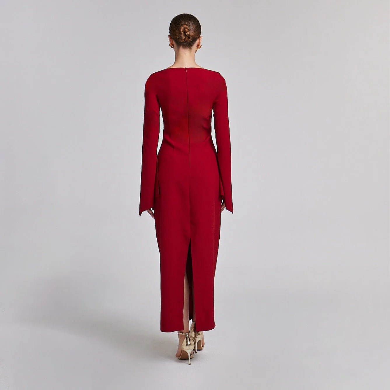Dark Red Flared Long Sleeve Maxi Dress - Image 3