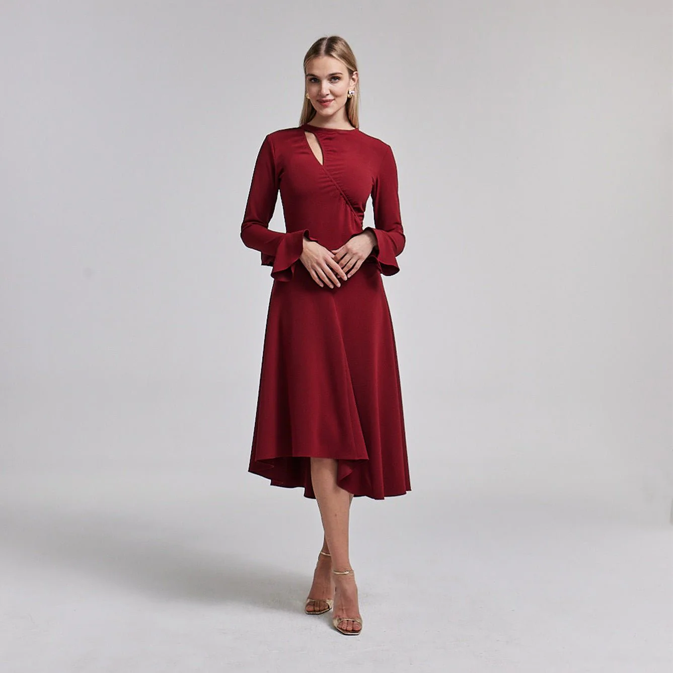 Dark Red Gathered Chest Crepe Midi Dress