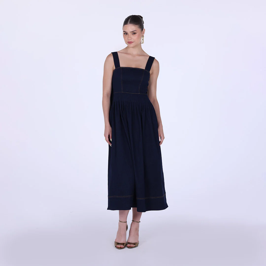 Denim Midi A-line Dress with Pleated Waist