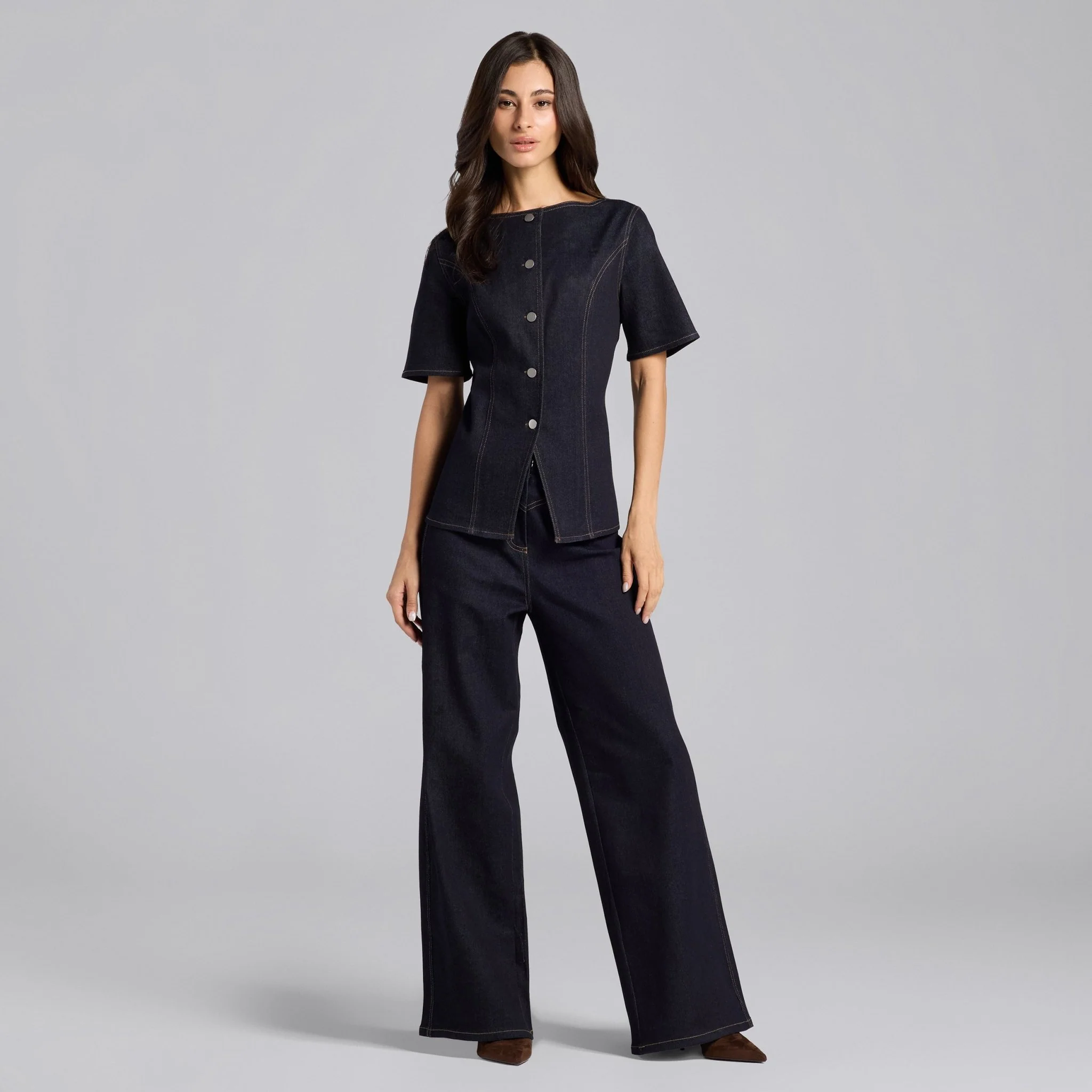 Front Slit Button Denim Top - Image 2