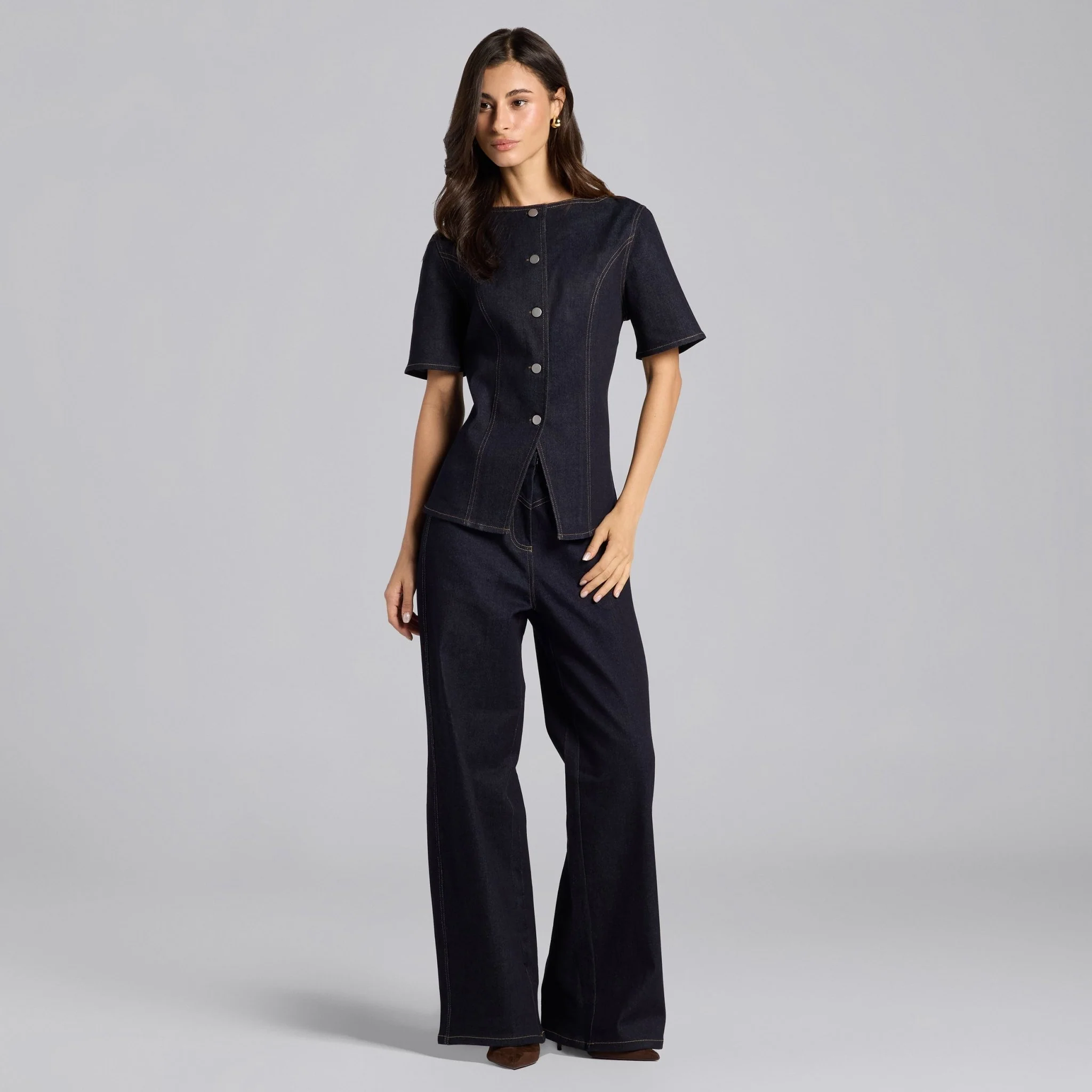 Front Slit Button Denim Top - Image 3