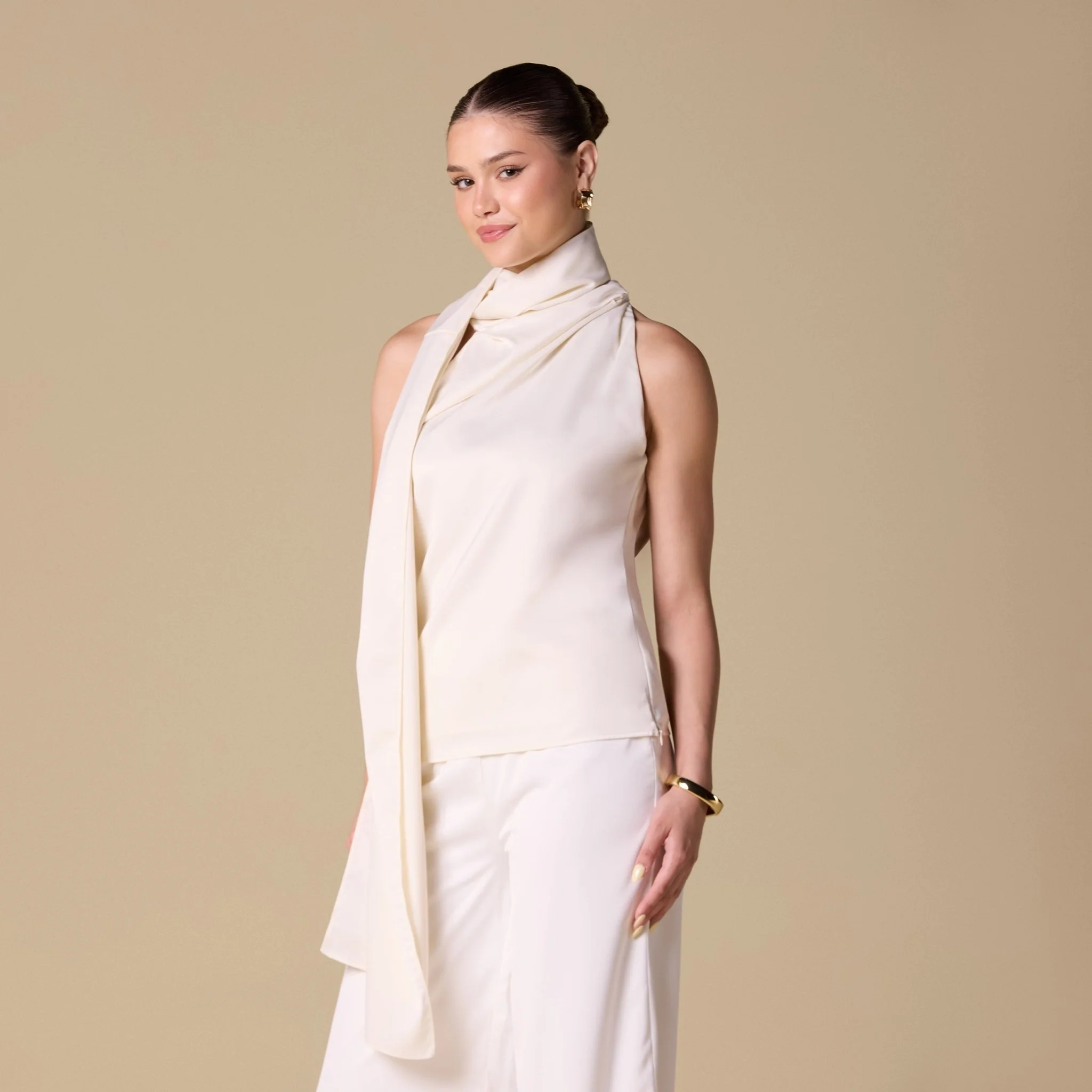 Draped Cowl Top with Attached Scarf - Image 4