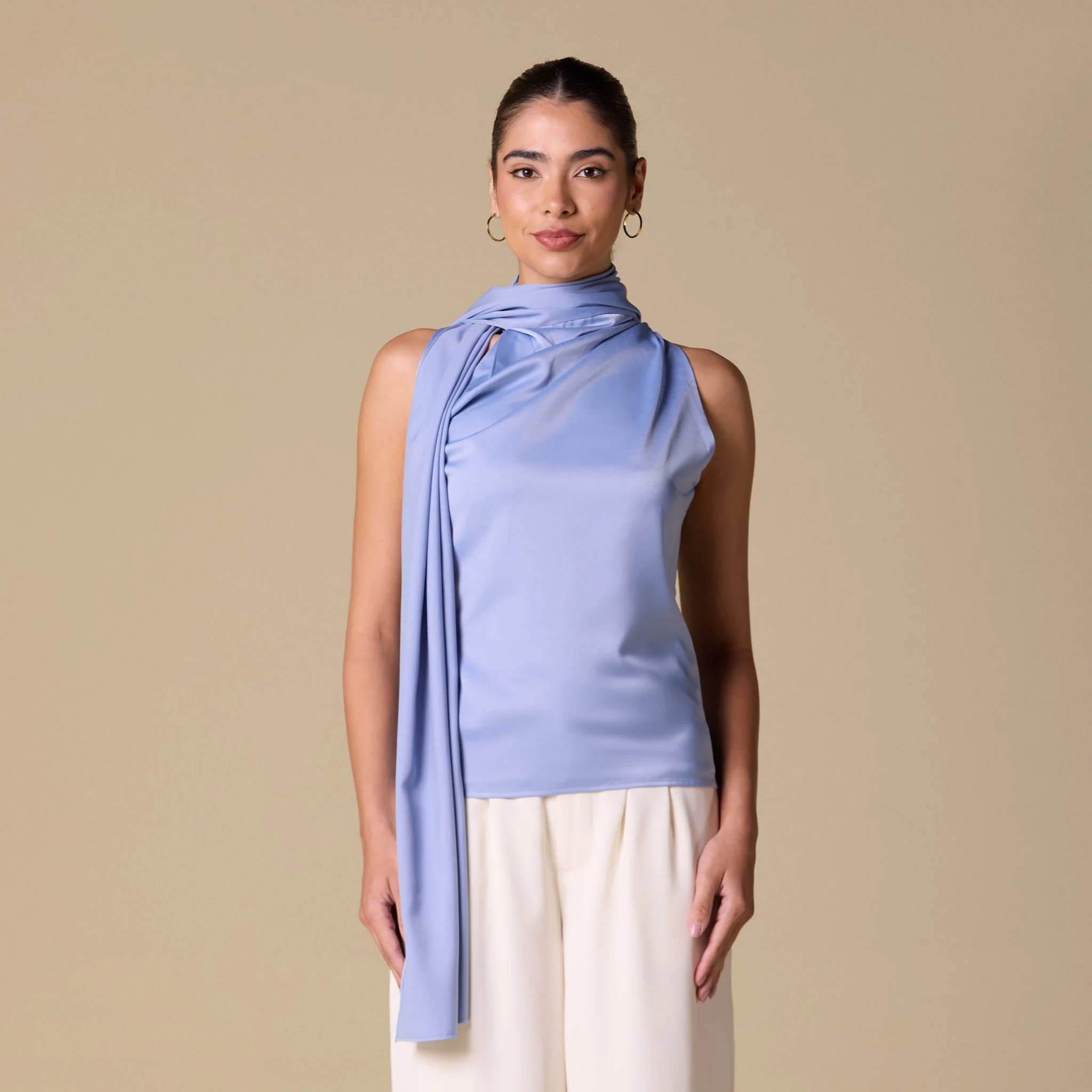 Draped Cowl Top with Attached Scarf - Image 6