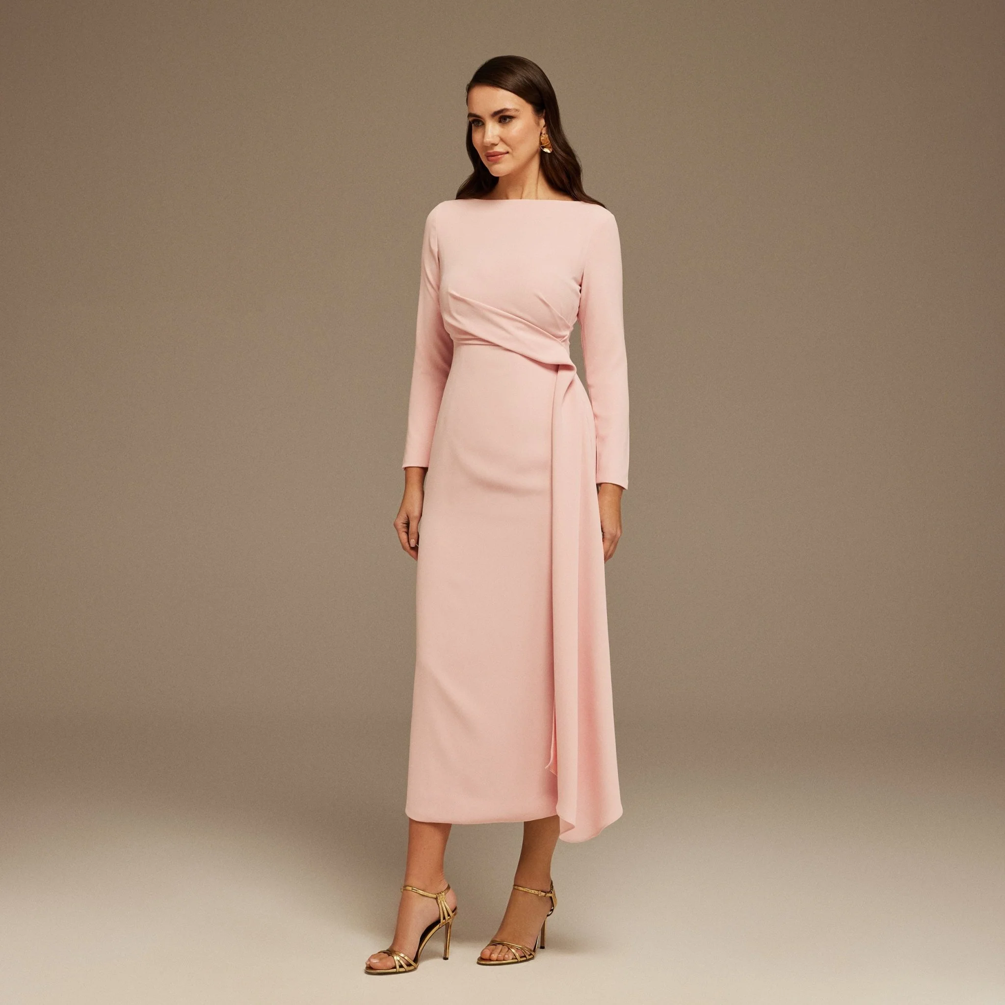 Pink Draped Midi Dress with Long Sleeves - Image 2