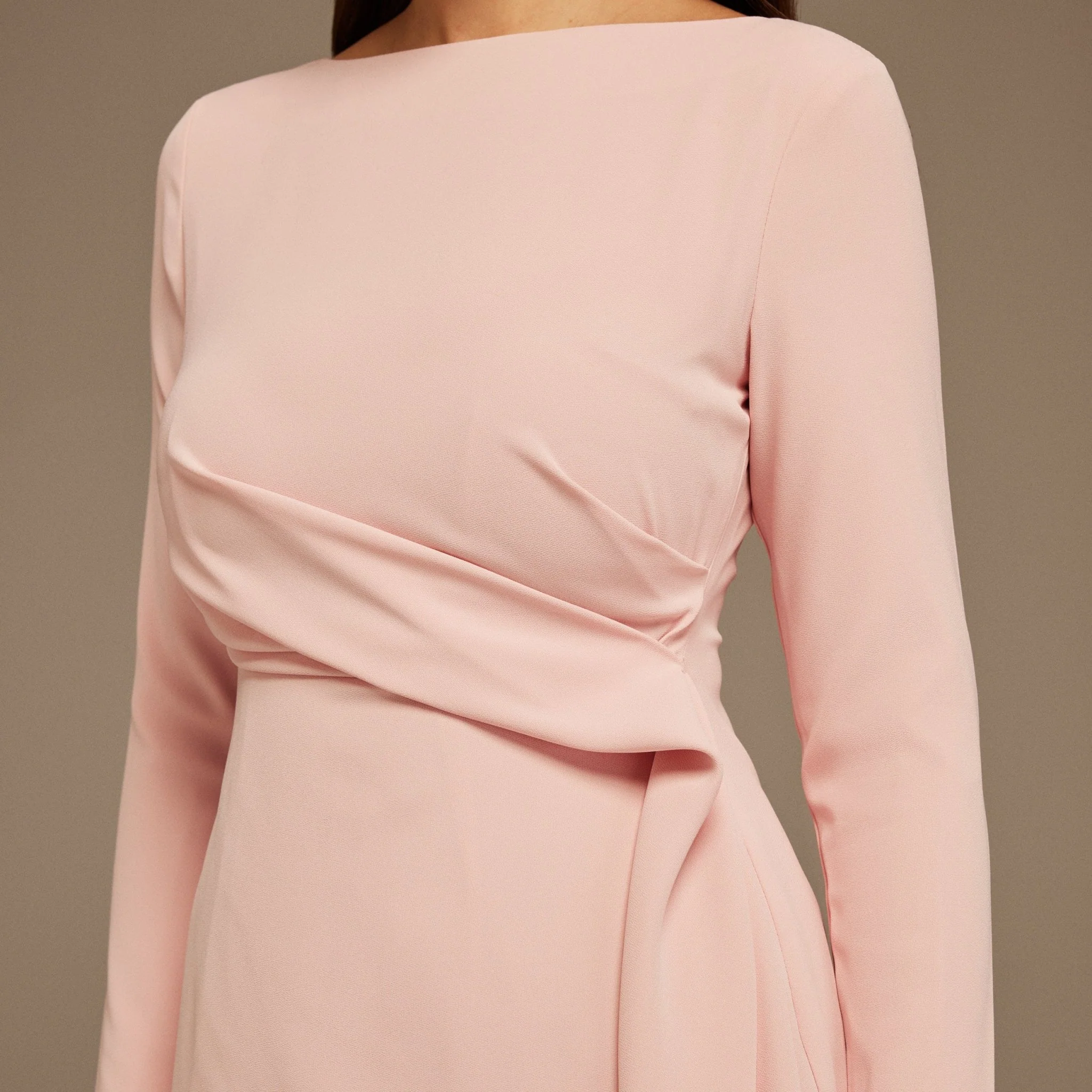 Pink Draped Midi Dress with Long Sleeves - Image 3