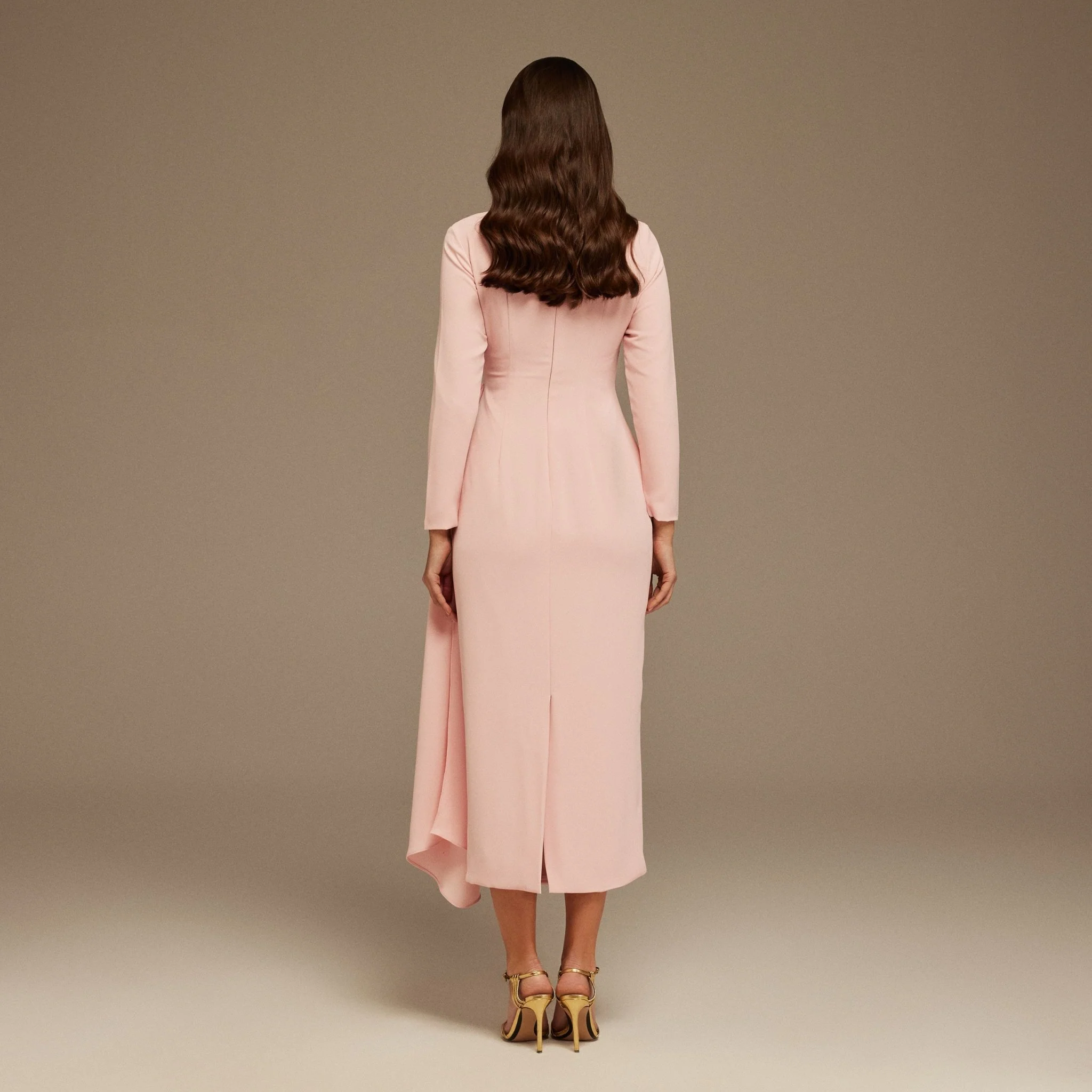 Pink Draped Midi Dress with Long Sleeves - Image 4