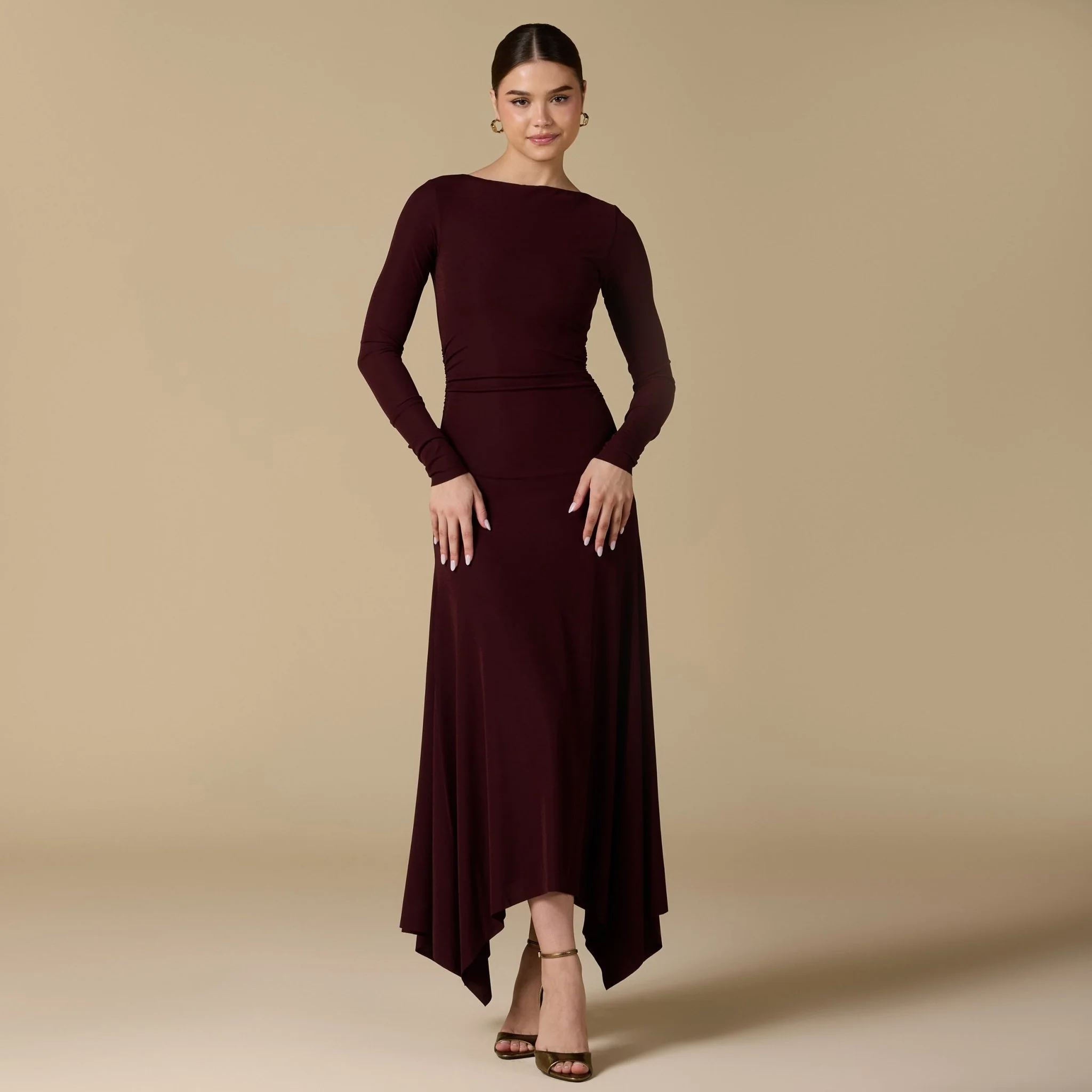 Brown Draped Neck Slim-Fit Midi Dress in Jersey