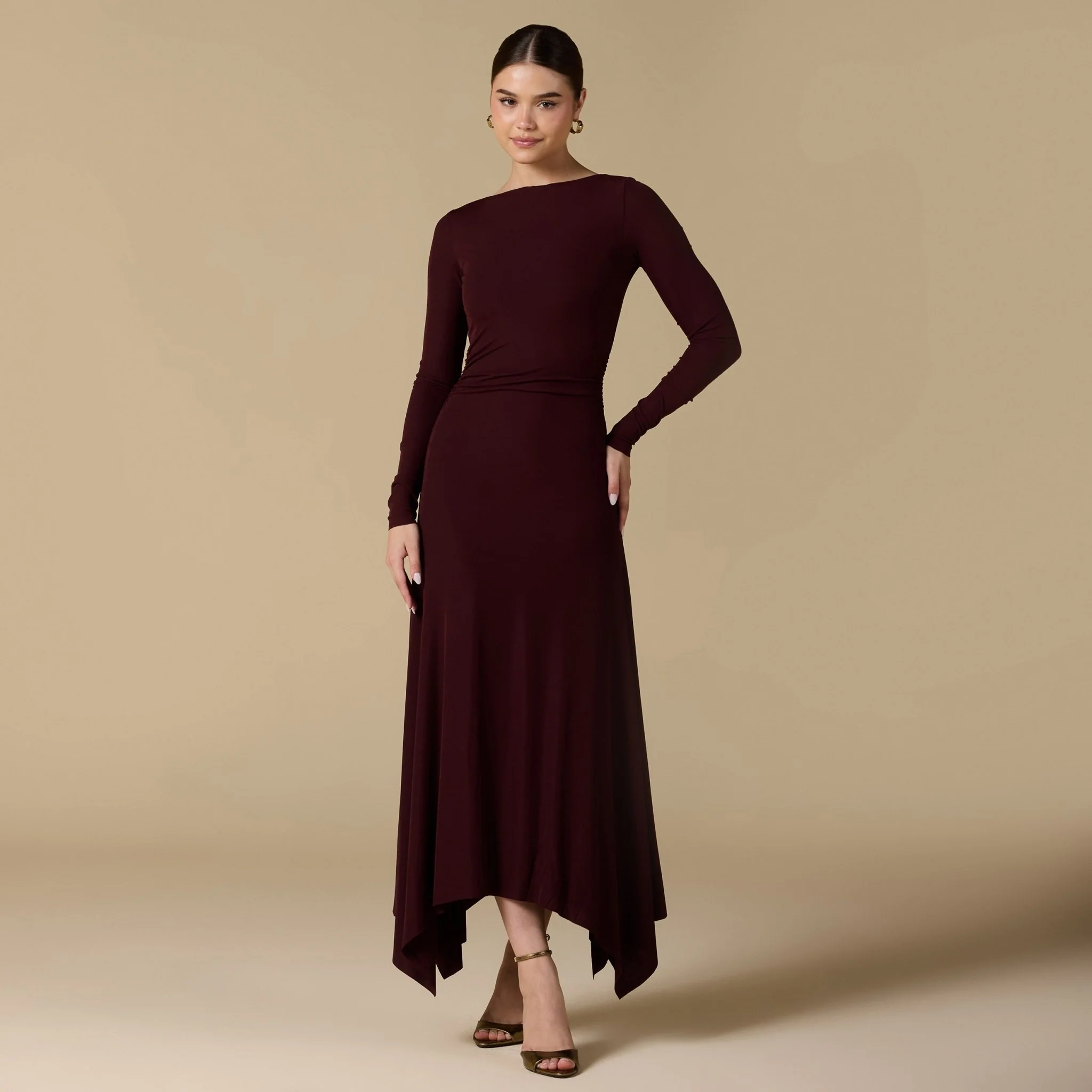 Brown Draped Neck Slim-Fit Midi Dress in Jersey - Image 2