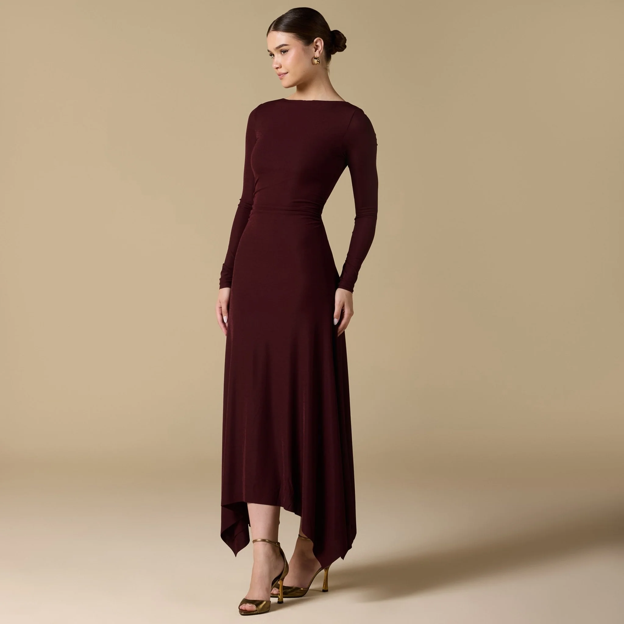 Brown Draped Neck Slim-Fit Midi Dress in Jersey - Image 3