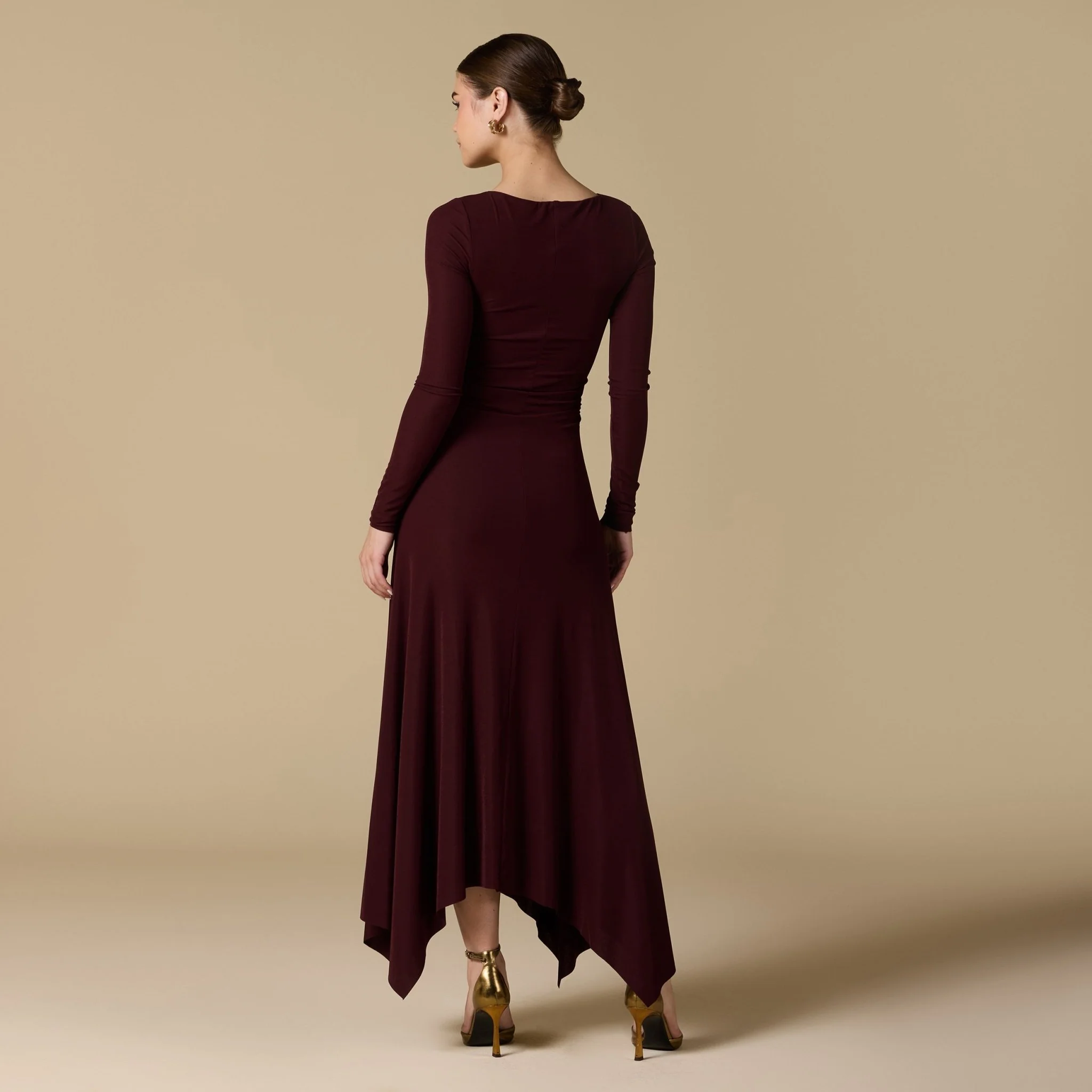 Brown Draped Neck Slim-Fit Midi Dress in Jersey - Image 5