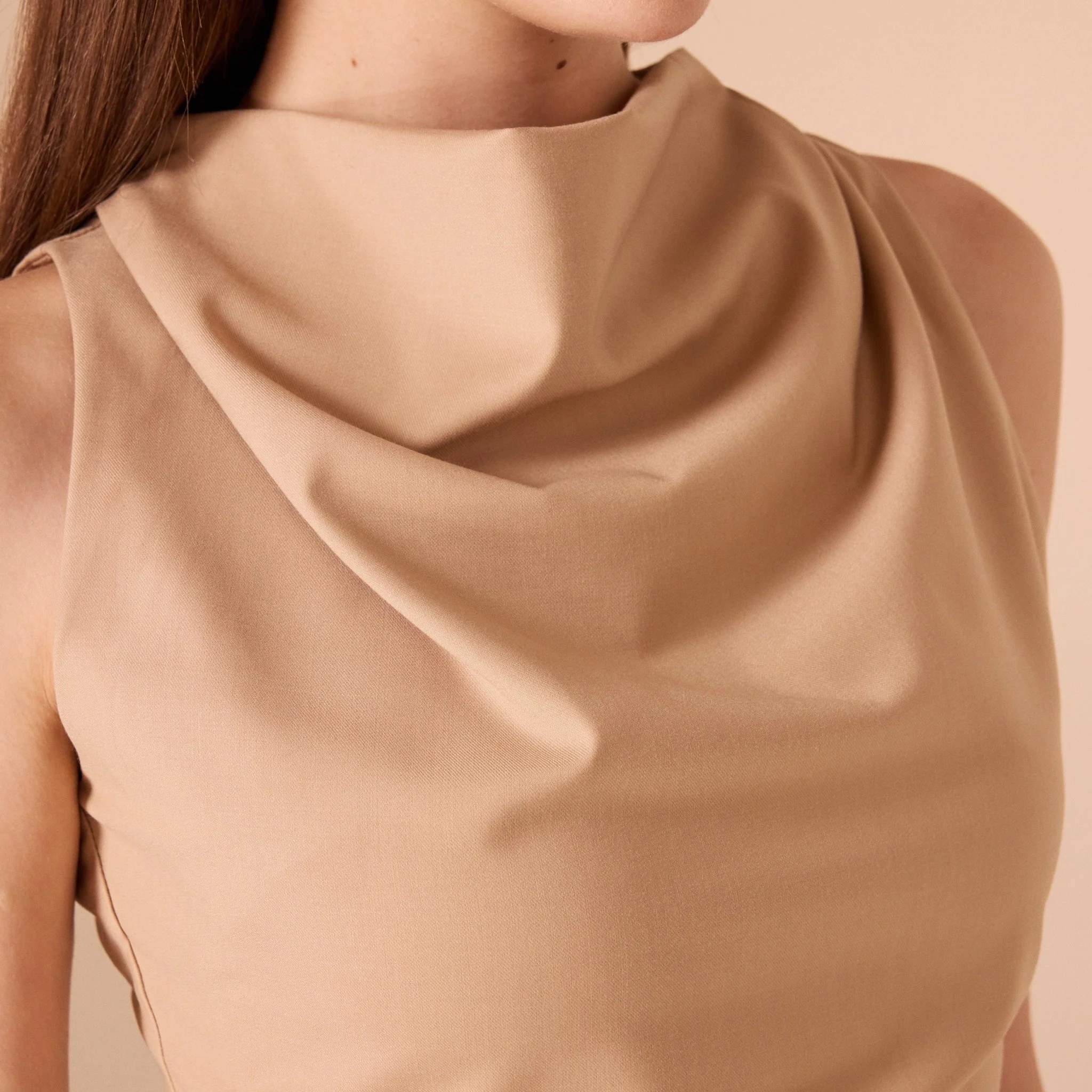 Beige Draped Neck Twill Top - Image 3