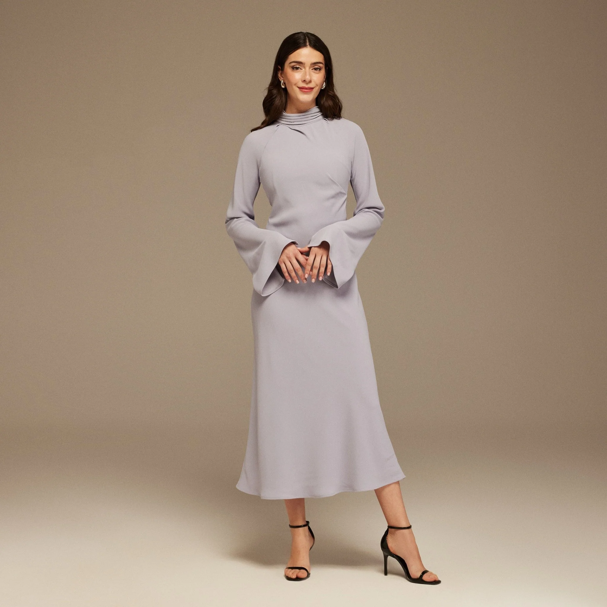 Draped Neckline Long Sleeve Crepe Midi Dress