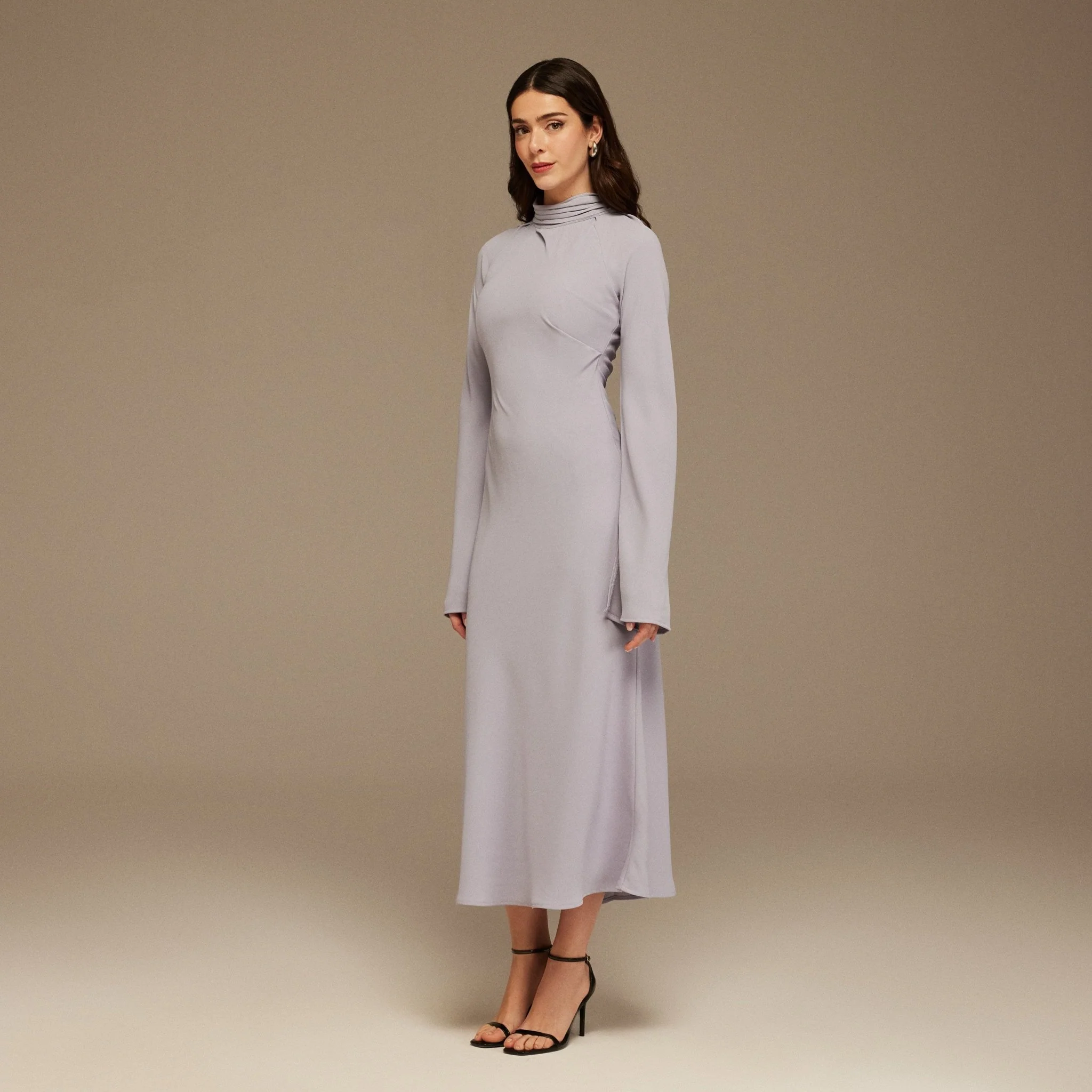 Draped Neckline Long Sleeve Crepe Midi Dress - Image 2