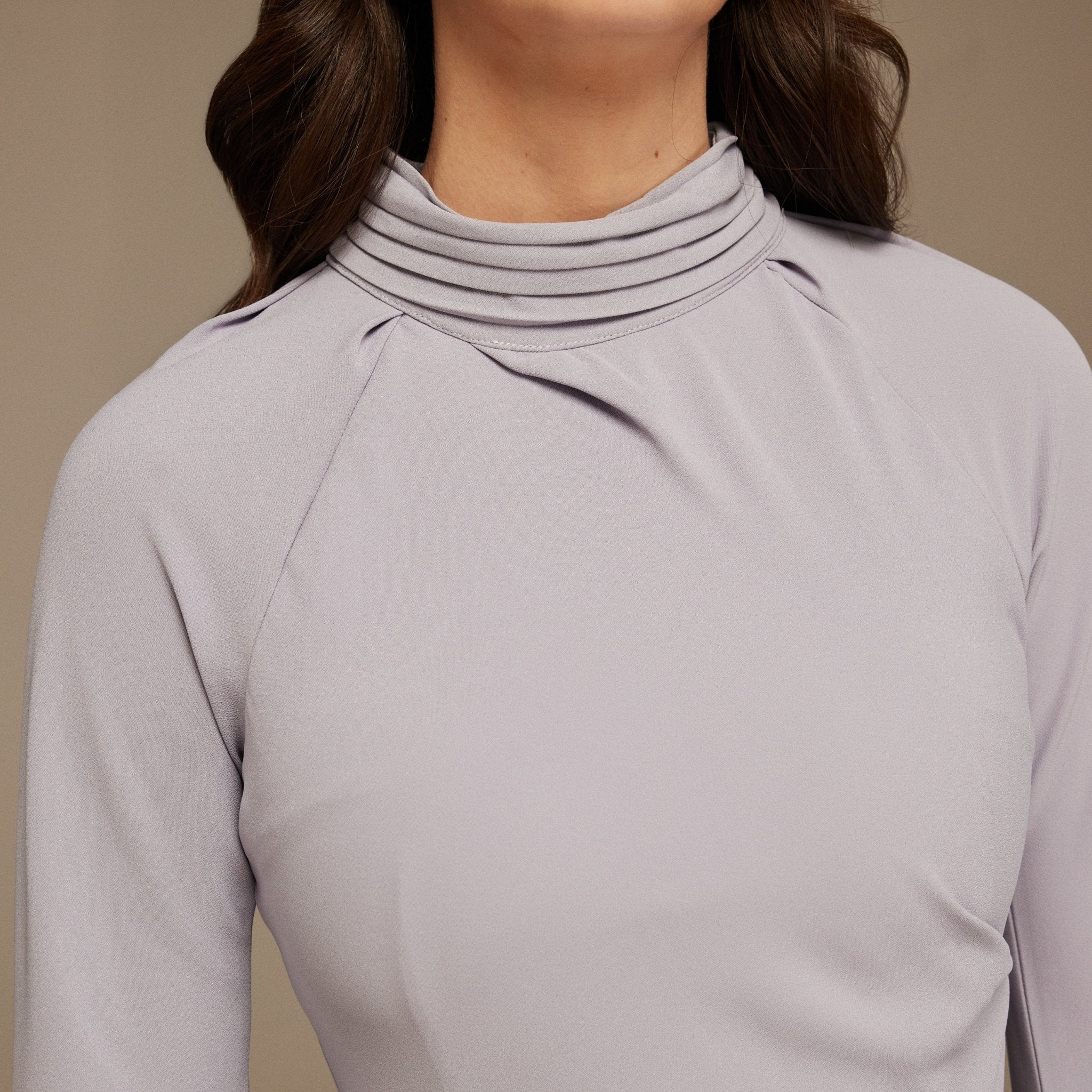 Draped Neckline Long Sleeve Crepe Midi Dress - Image 3