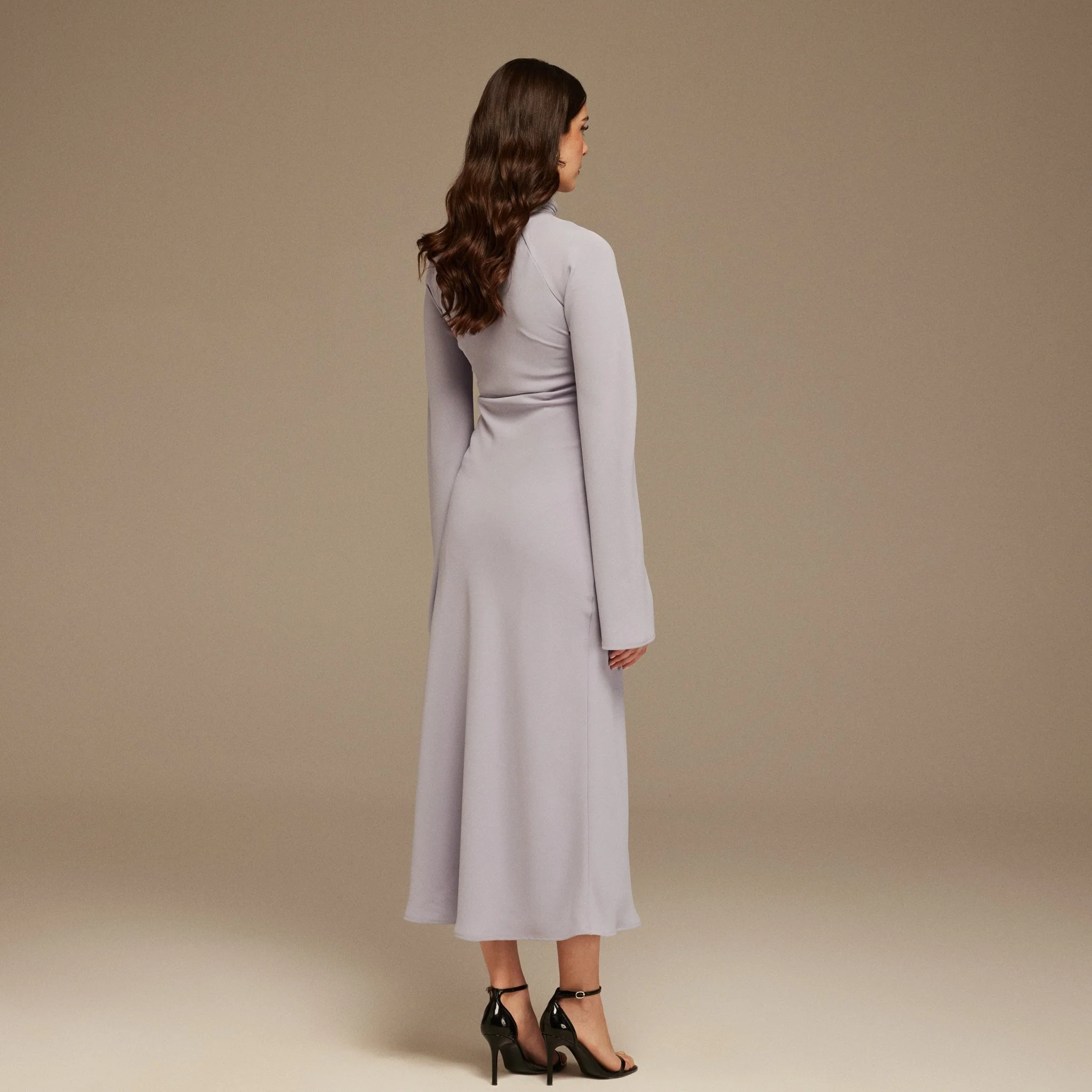 Draped Neckline Long Sleeve Crepe Midi Dress - Image 4