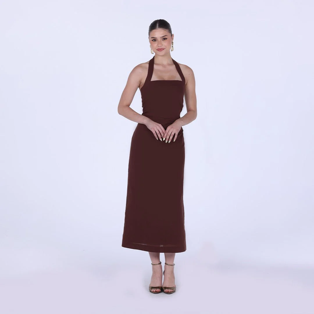 Linen Brown Draped Neckline Sleeveless Maxi Dress - Image 2
