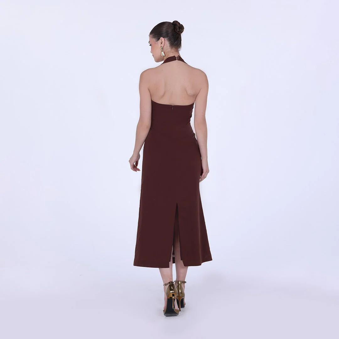 Linen Brown Draped Neckline Sleeveless Maxi Dress - Image 4