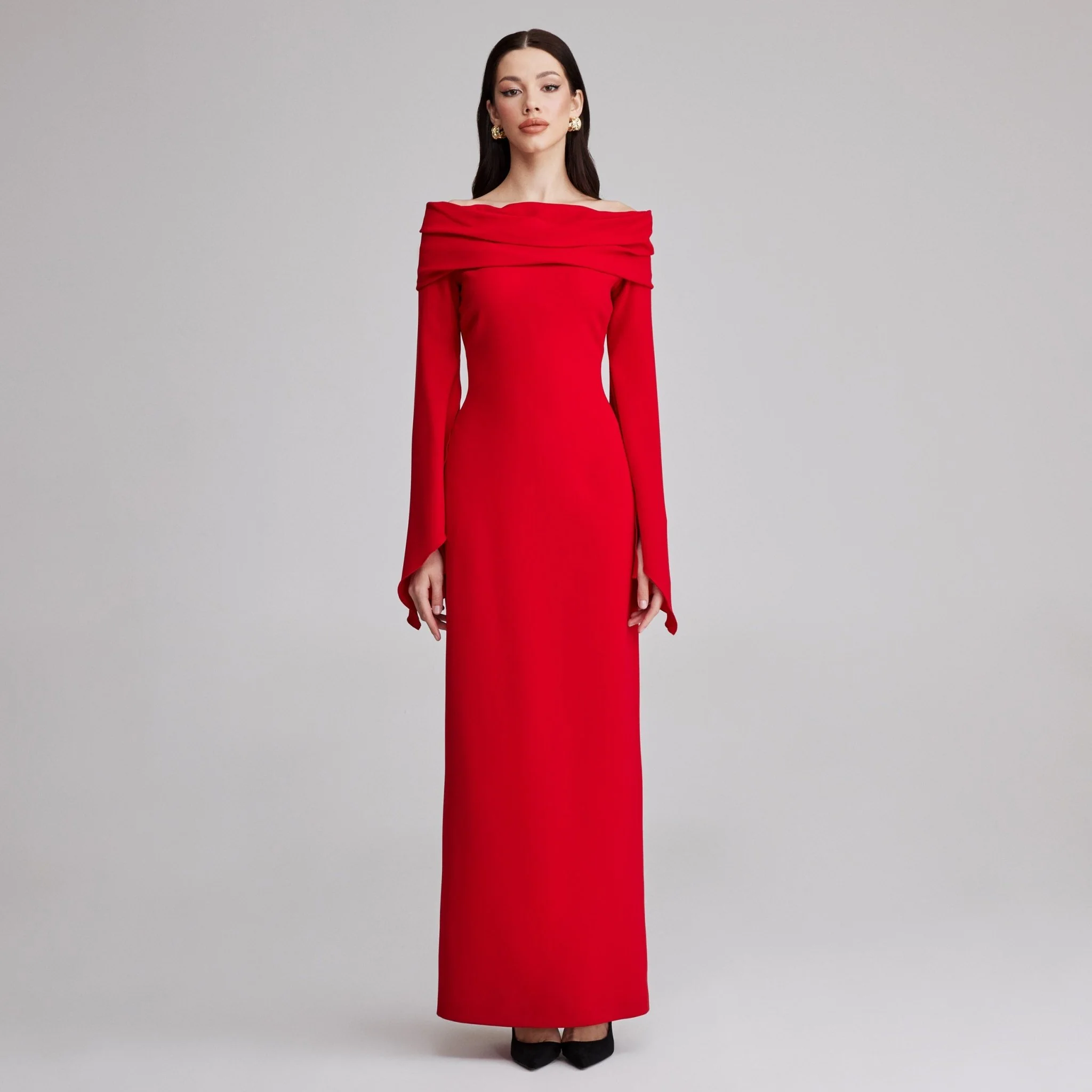 Red Draped off shoulder crepe Maxi dress