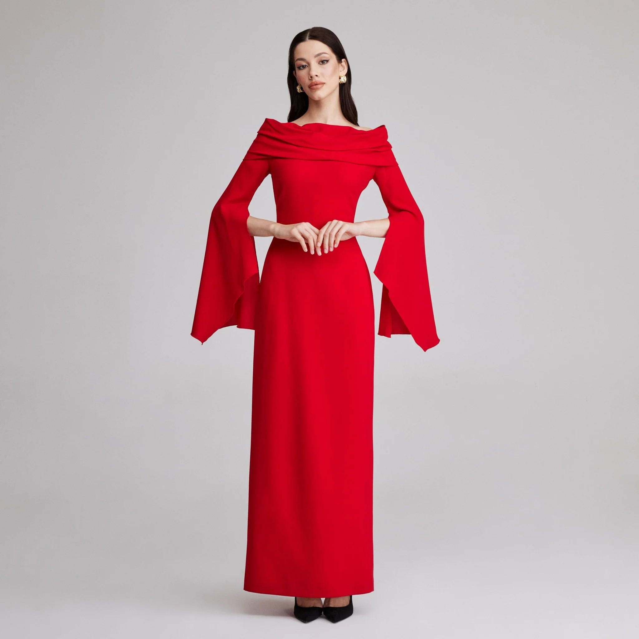 Red Draped off shoulder crepe Maxi dress - Image 2