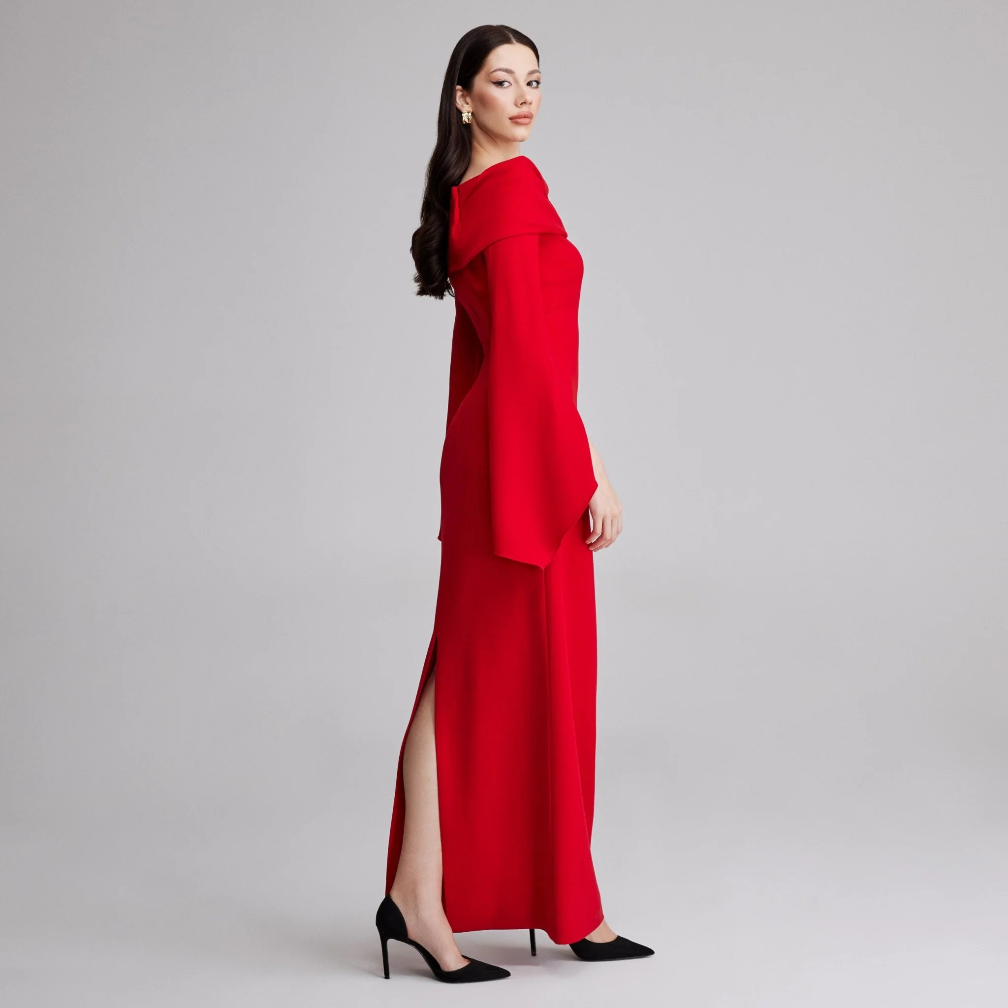 Red Draped off shoulder crepe Maxi dress - Image 5