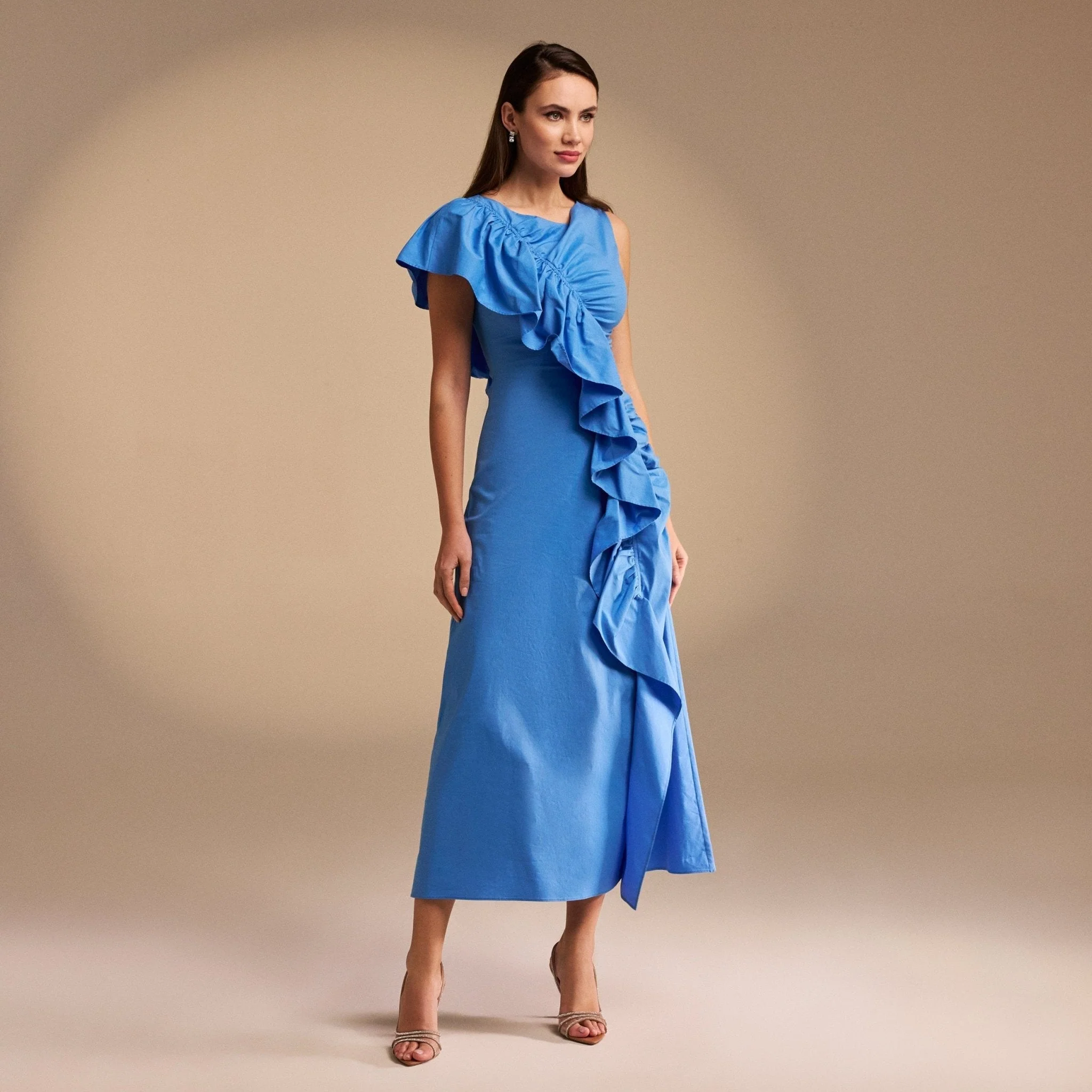 Draped Ruffle Poplin Midi Dress - Image 6