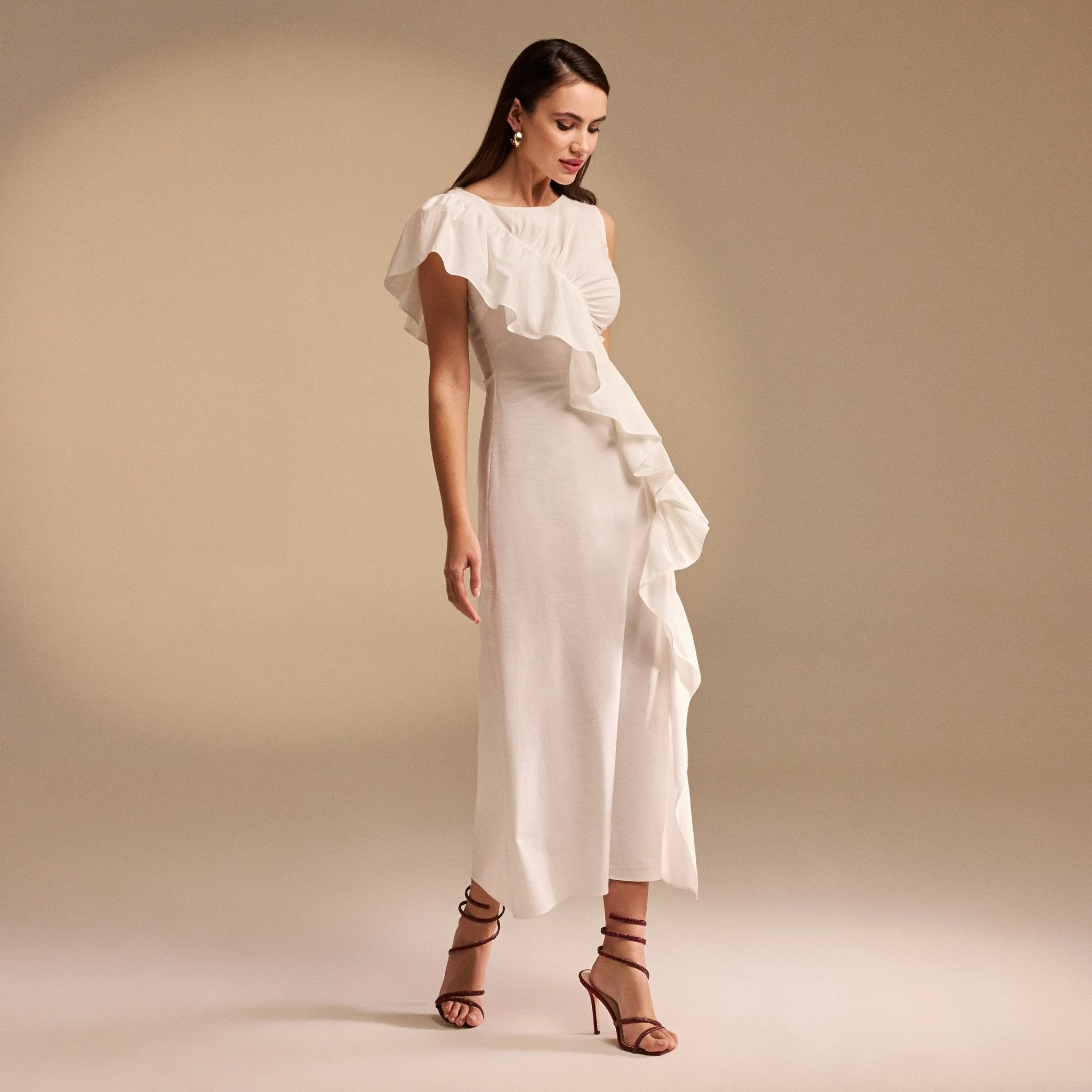 Draped Ruffle Poplin Midi Dress - Image 9